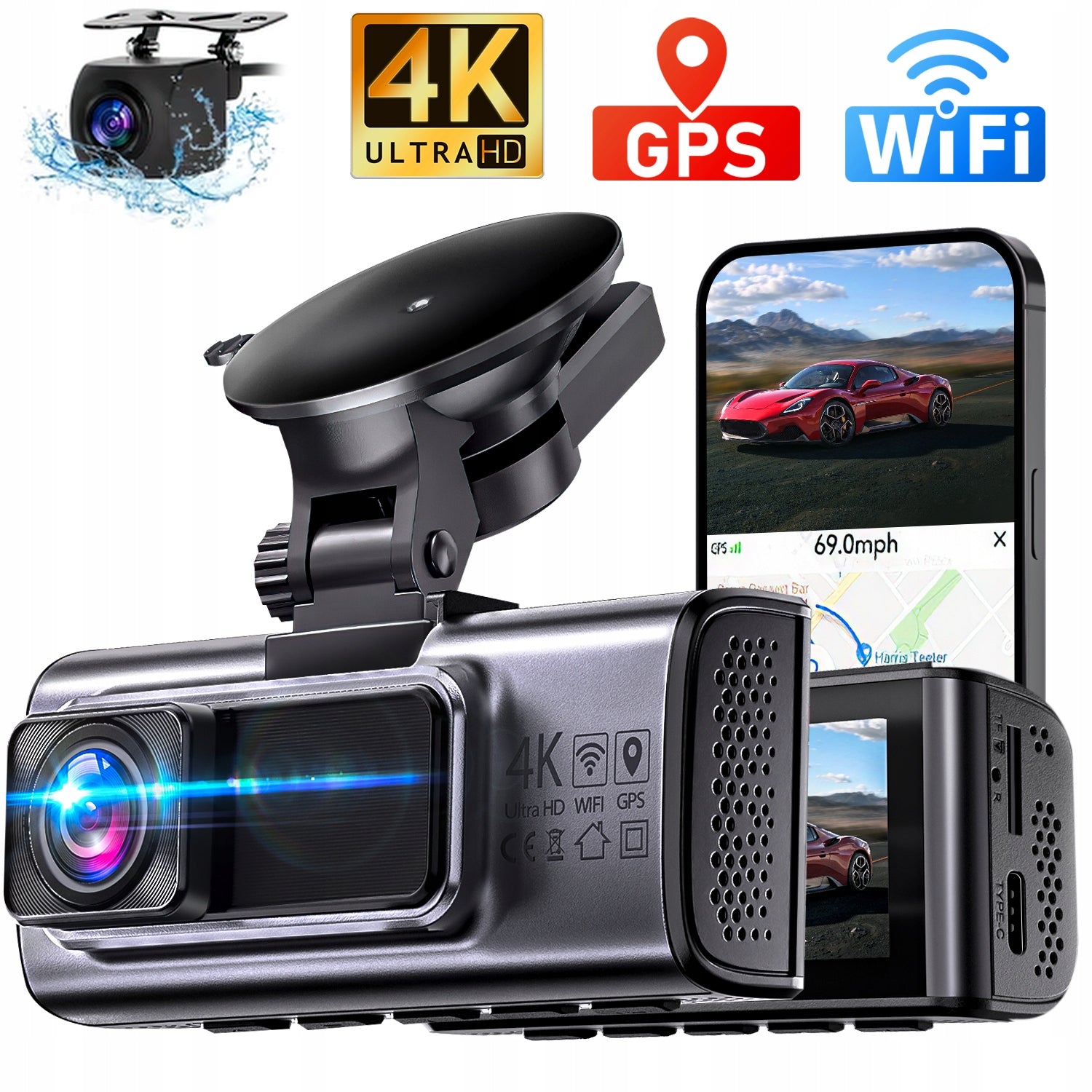 Car Dashcam, 2-Channel 4K+1080P Dashcam, With GPS and 3.16-Inch Screen
