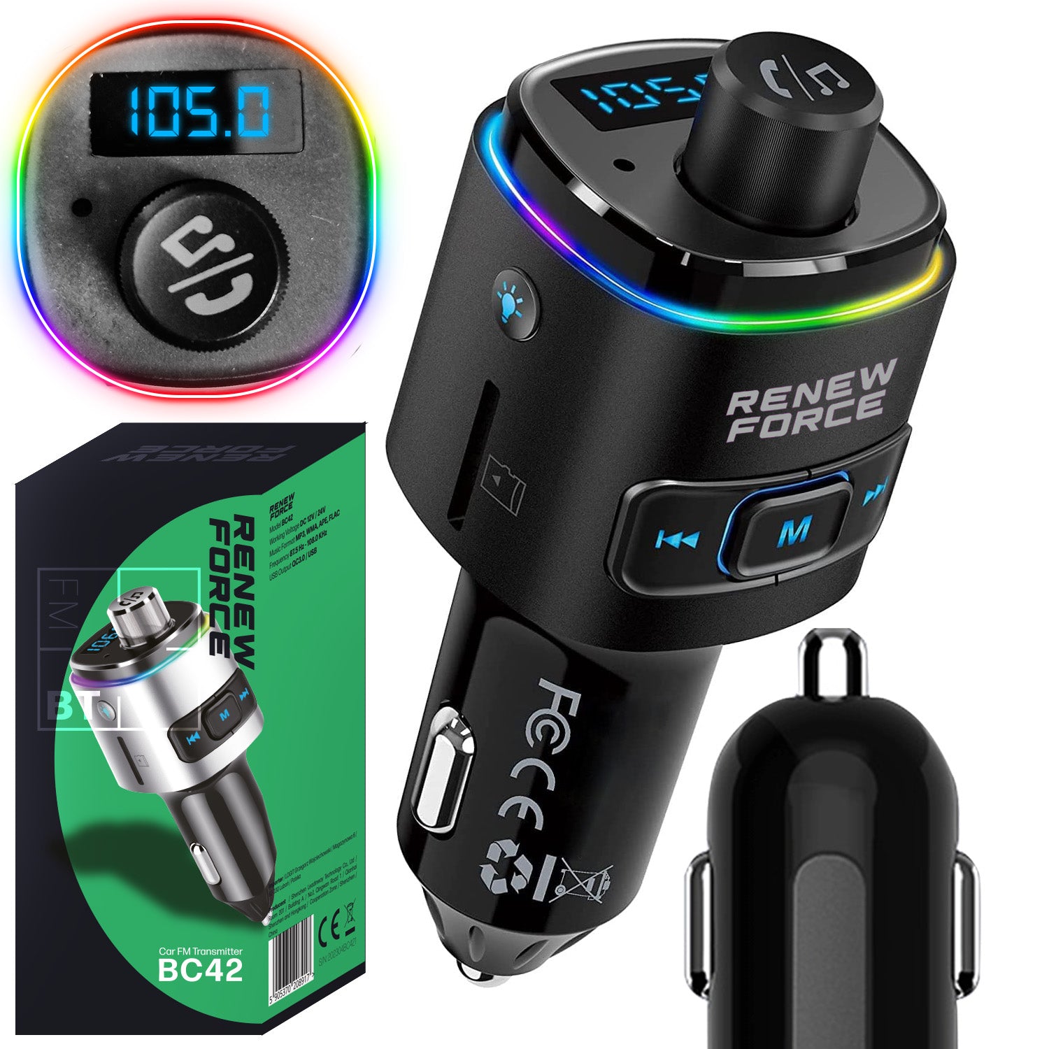 Car FM Bluetooth Transmitter FAST Charger PD 23W QC3.0 USB-C LED