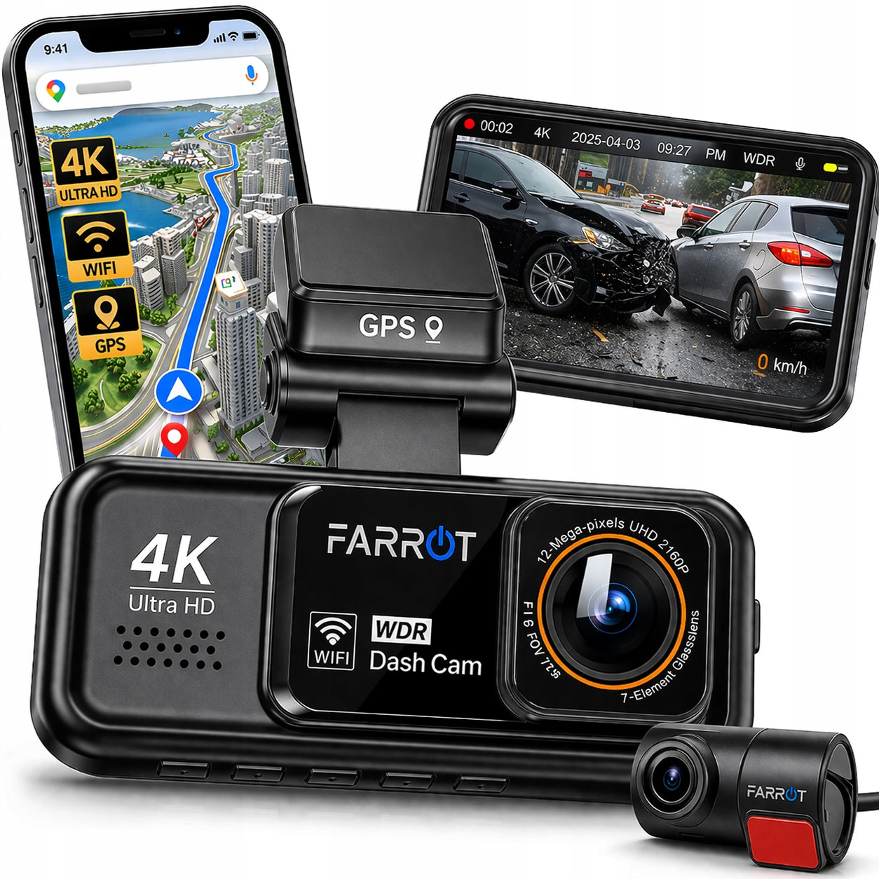 Car Video Recorder 4K GPS WiFi Camera Front Rear ADAS G-Sensor