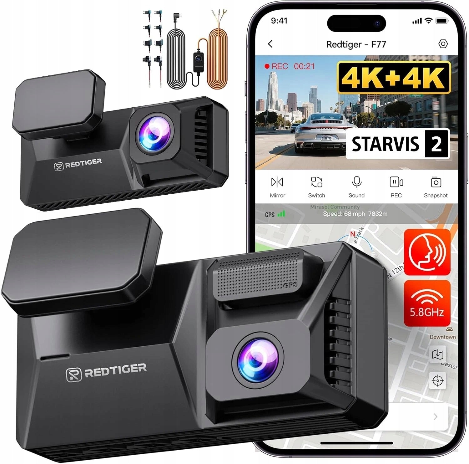Car camera REDTIGER F77 4K+4K WiFi GPS STARVIS 2 front rear 128GB