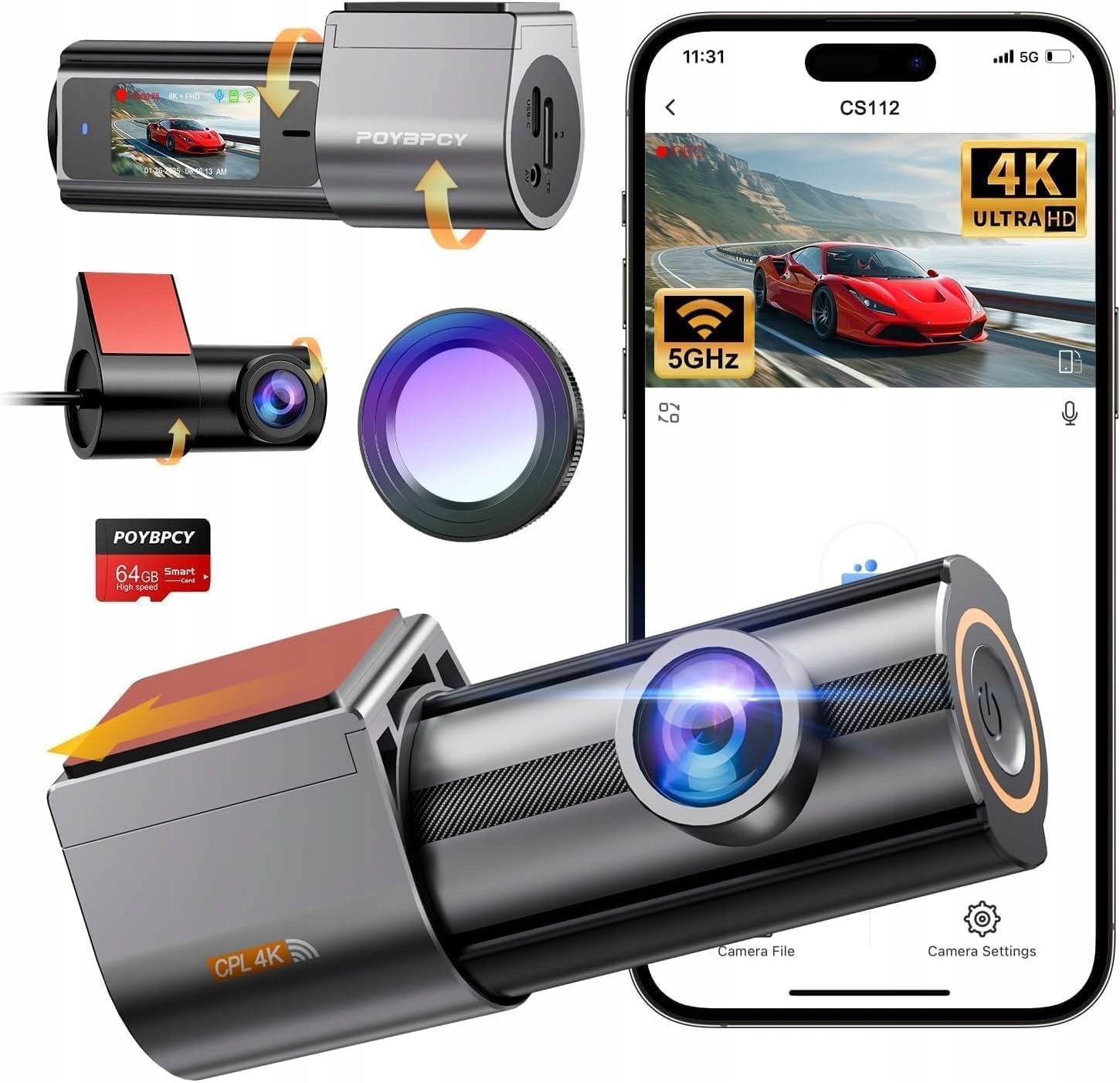 Car camera, front 4K UHD 2160P, 64 GB card 170° viewing angle Brand no brand
