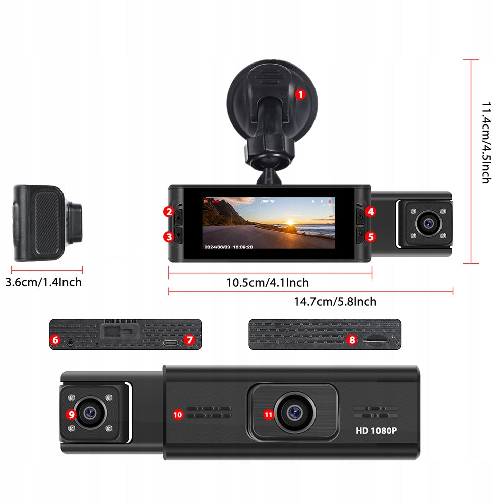 Car camera with front/rear view and inside car, 1080P Model ASXED54907