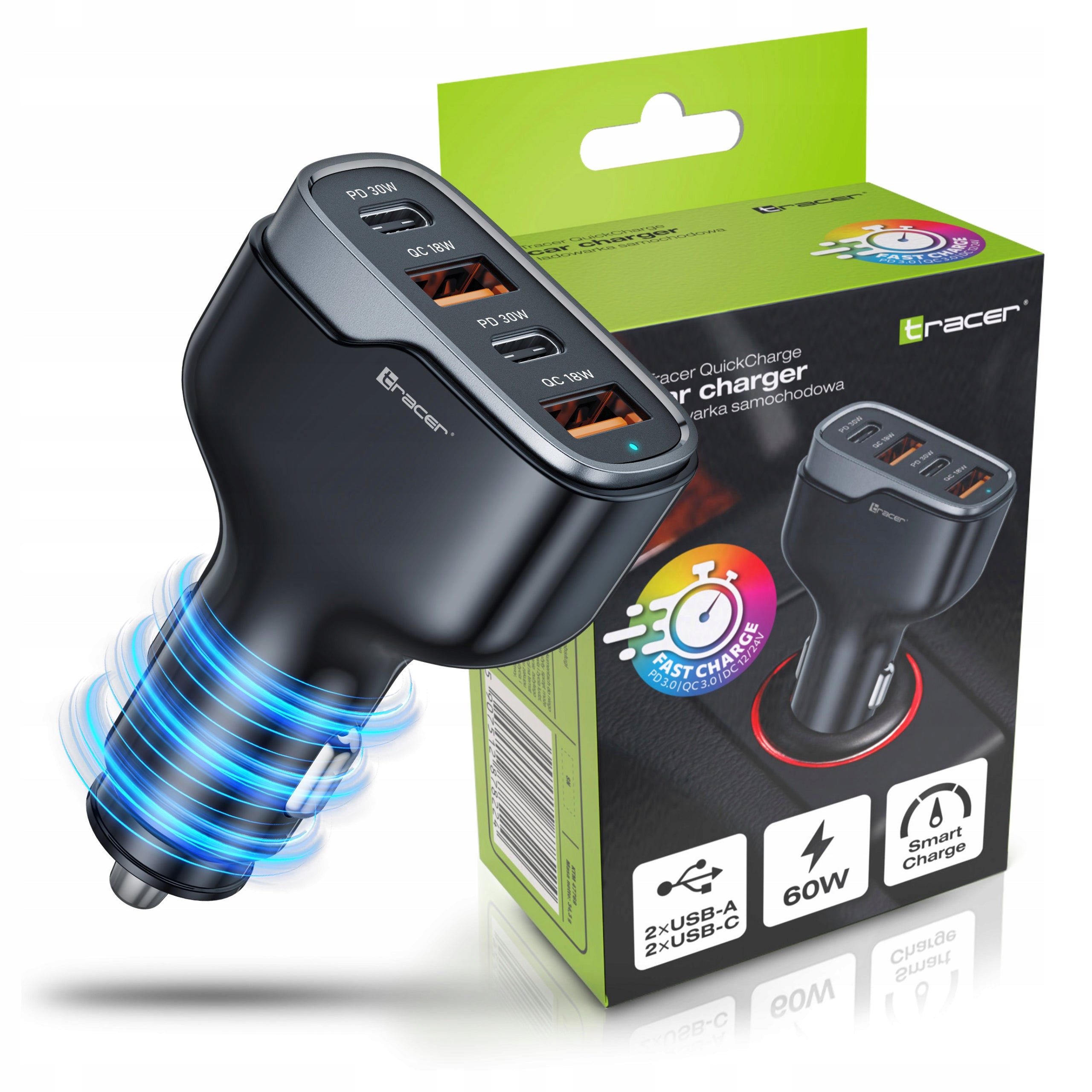 Car charger TRACER 60W 4 Ports USB-C/USB-A Fast iphone samsung