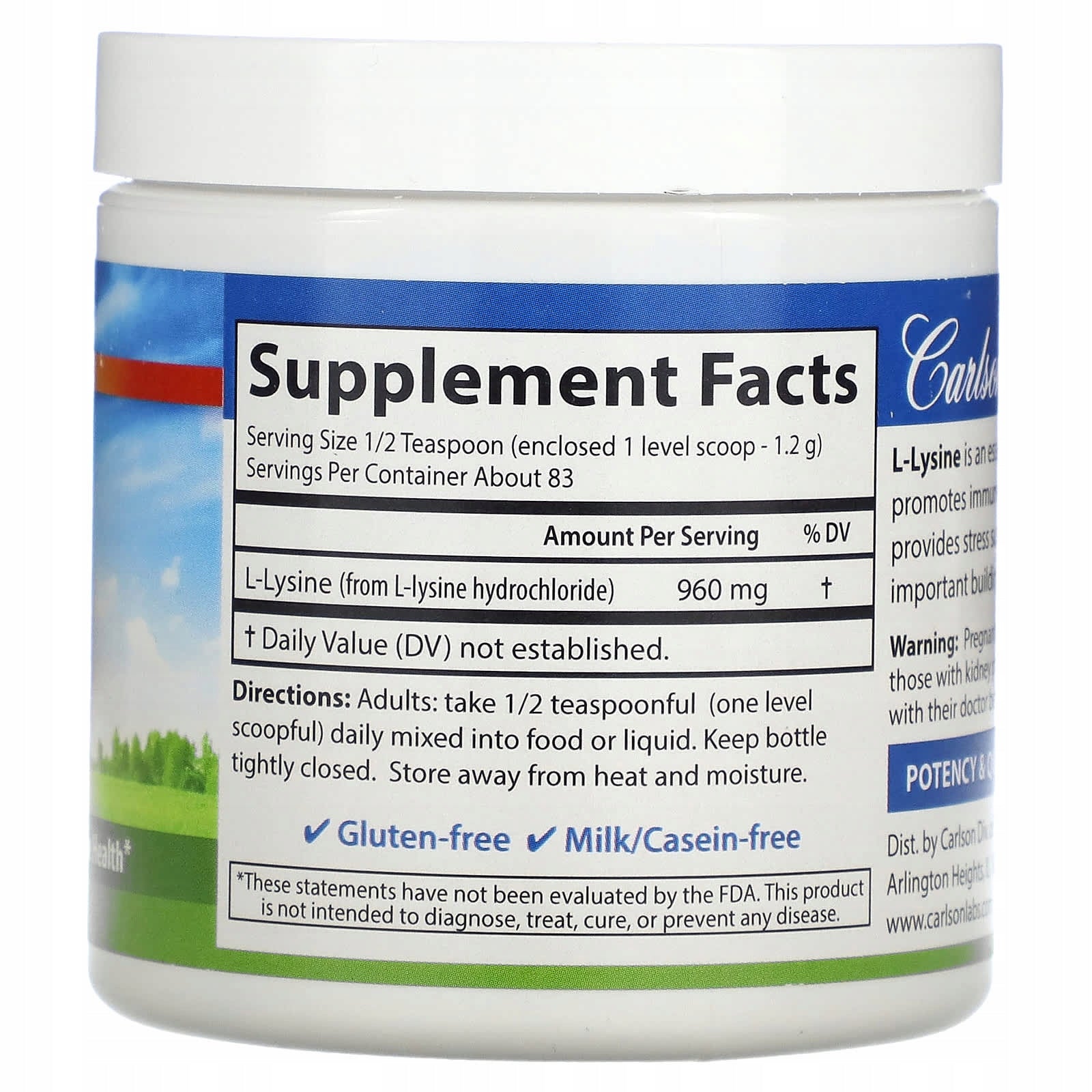 Carlson, L-lysine powder, 960 mg, 100 g Expiration date at least 3 months from the date of purchase