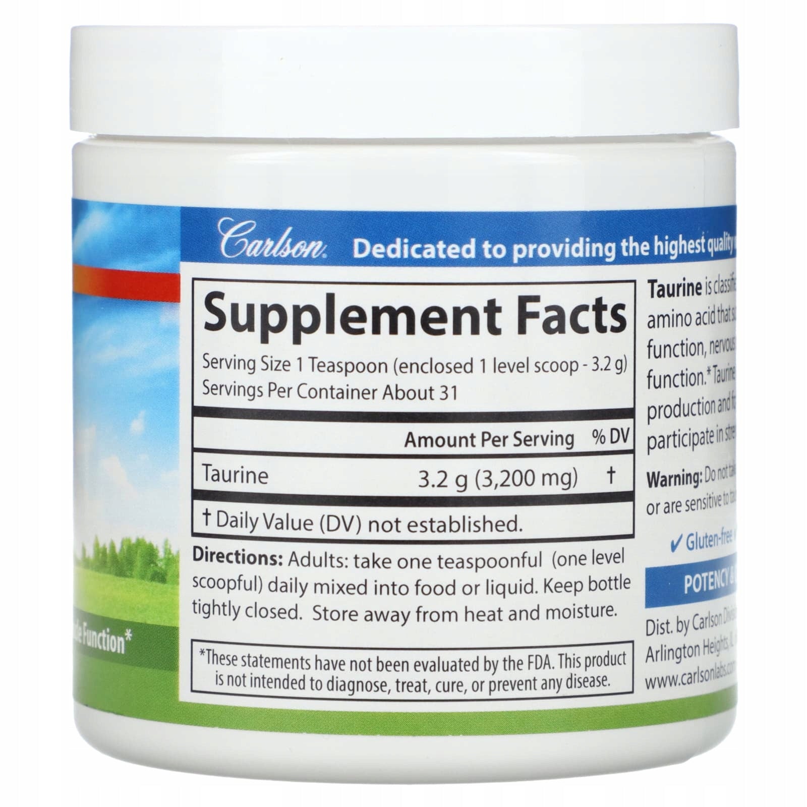 Carlson, Taurine powder, 100 g Expiration date at least 3 months from the date of purchase