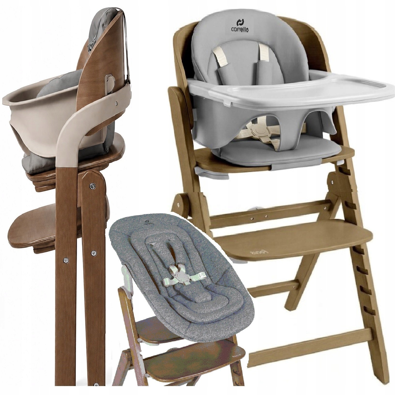 Carrello Folding Wooden High Chair 3in1 Deckchair Feed 130kg Focus, Grey