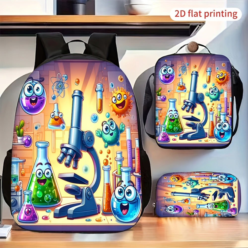 Cartoon Chemistry Lab Microscope Print Backpack Set with Crossbody Bag