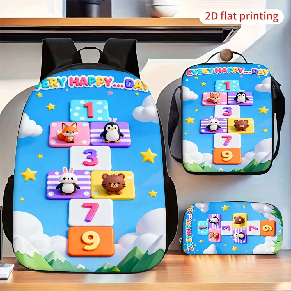 Cartoon Number Animal Print 3-Piece Backpack Set with Crossbody Bag and Pencil Case