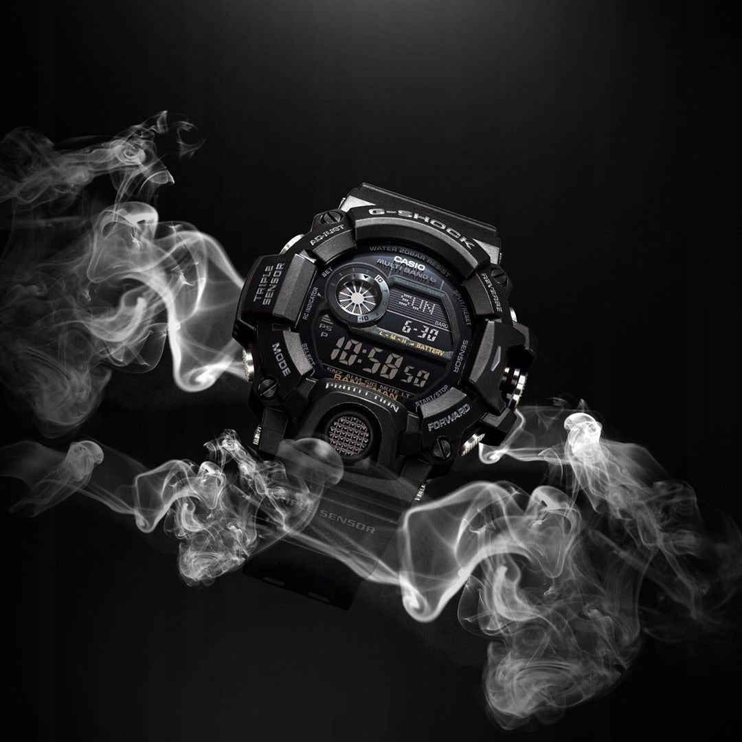 Casio G-SHOCK GW-9400-1BER Functions barometer alarm clock world time date display compass illumination radio-controlled stopwatch thermometer timer waterproof altimeter