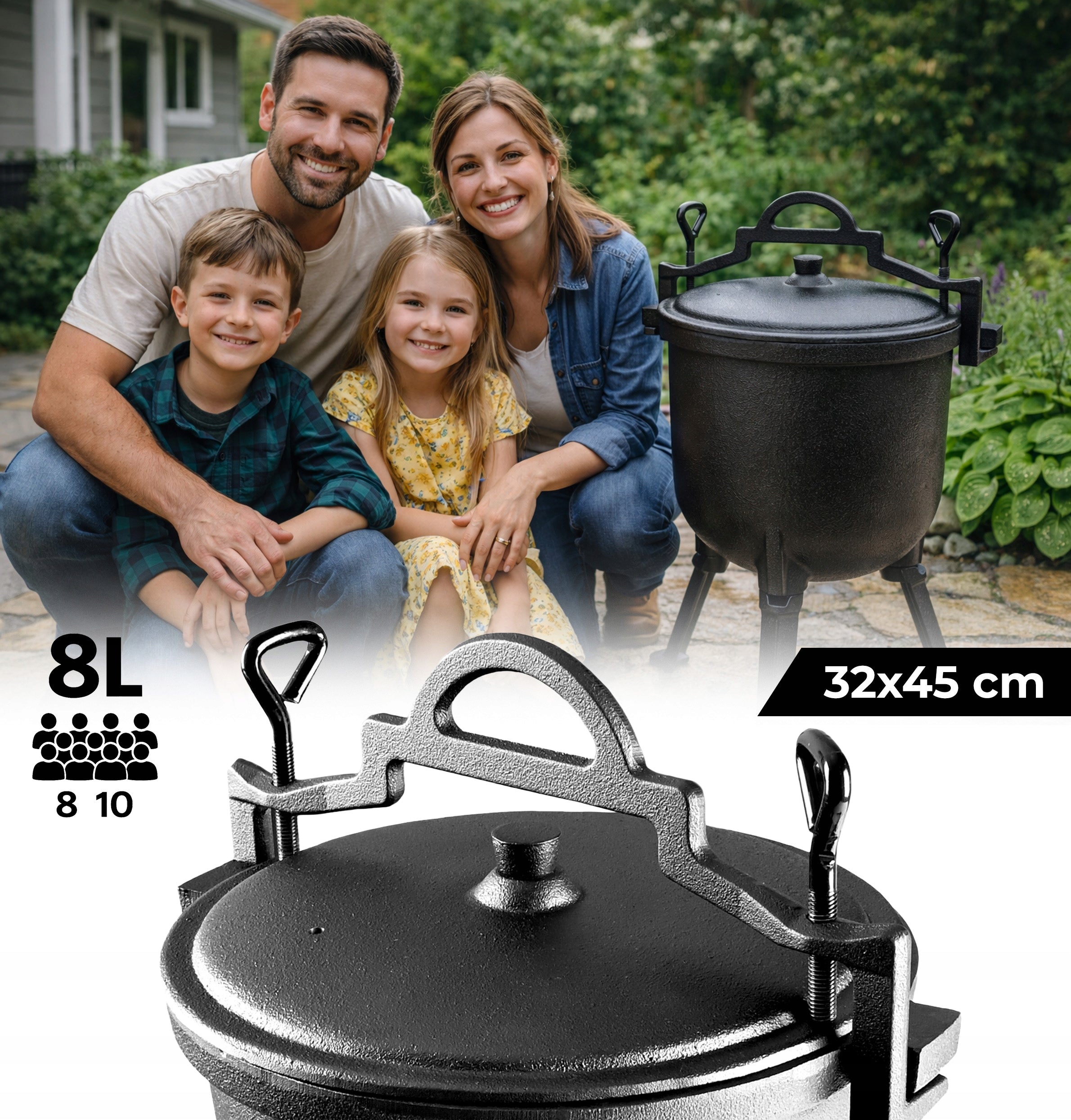 Cast Iron Boiler Hunting Pot Hungarian For Fire Pit Grill Baked 8L Capacity 8 l