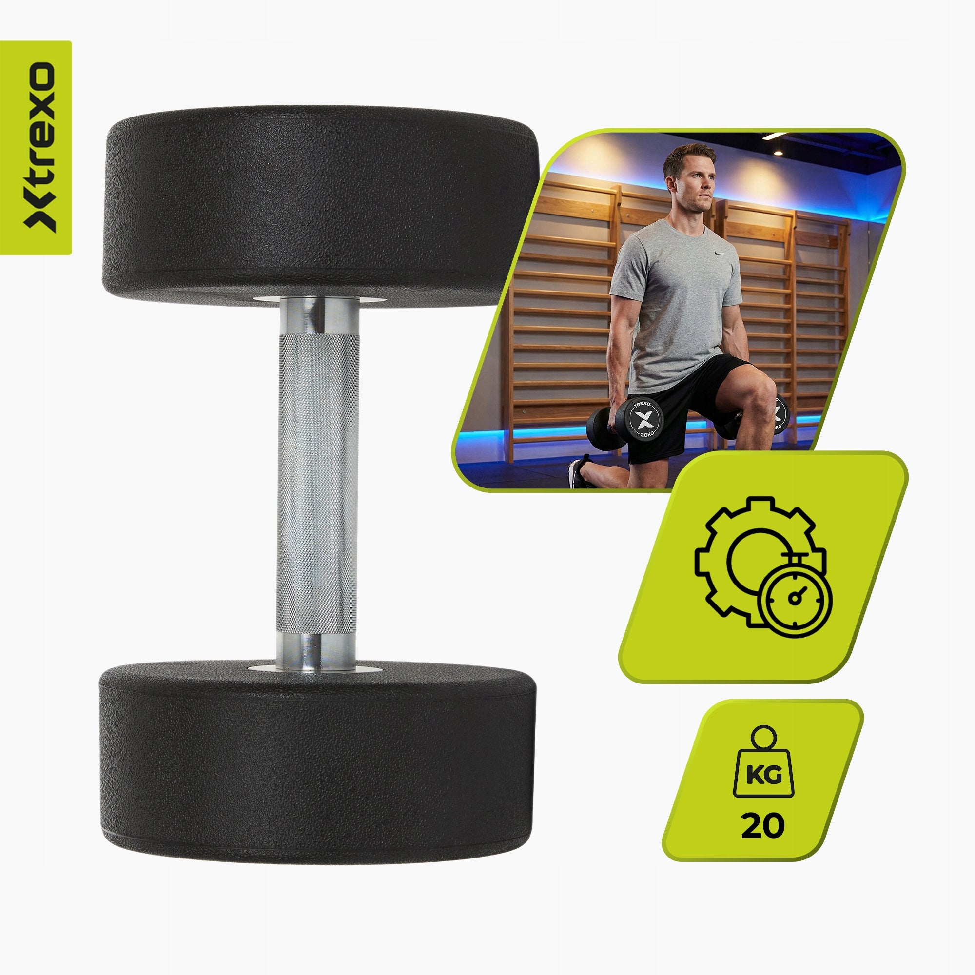 Cast Iron Dumbbell Coated / Rubberized XTREXO Pro 20 kg / Exercise Weight Brand Xtrexo