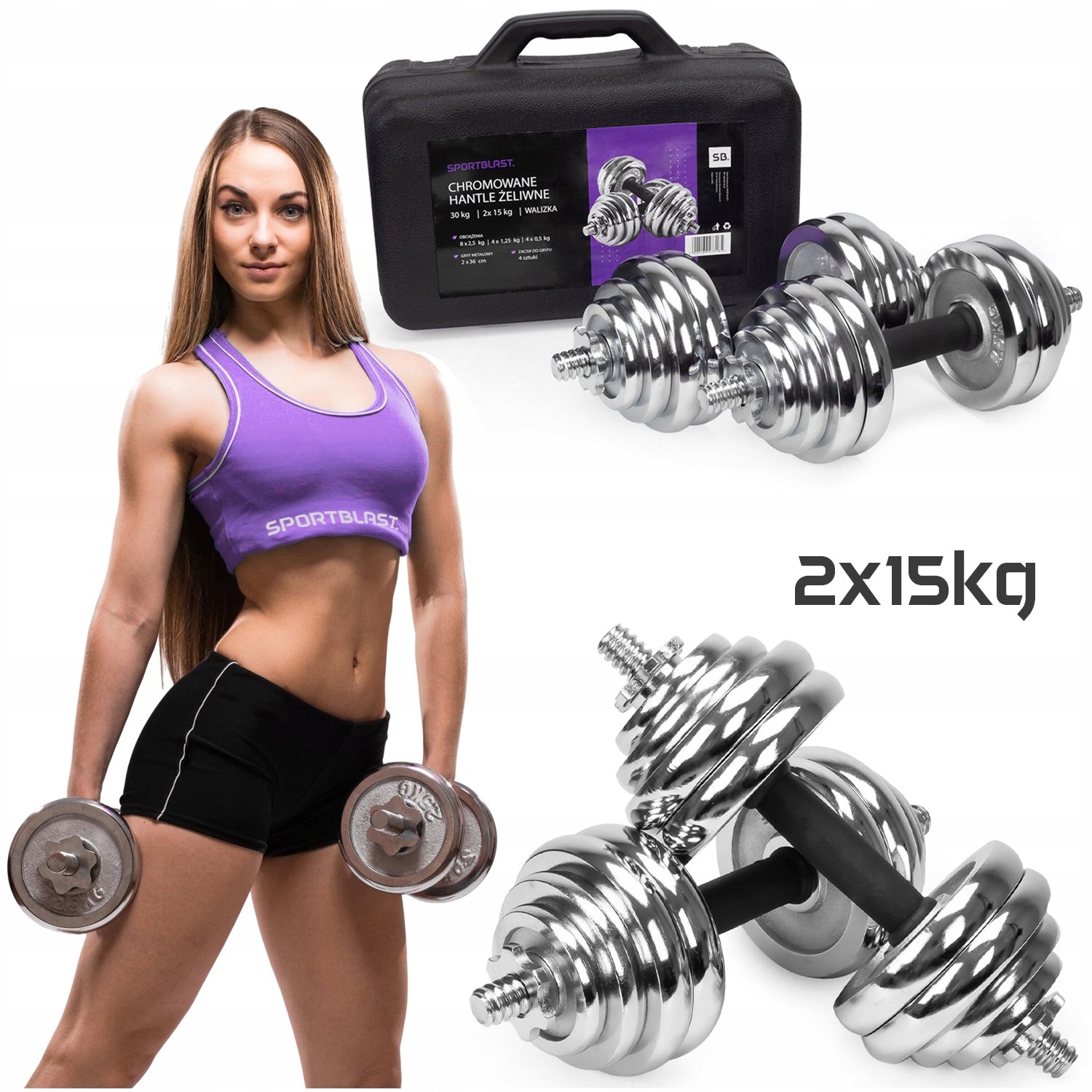 Cast Iron Dumbbells 2x15kg SUITCASE Adjustable Chrome Plate Set Griffins