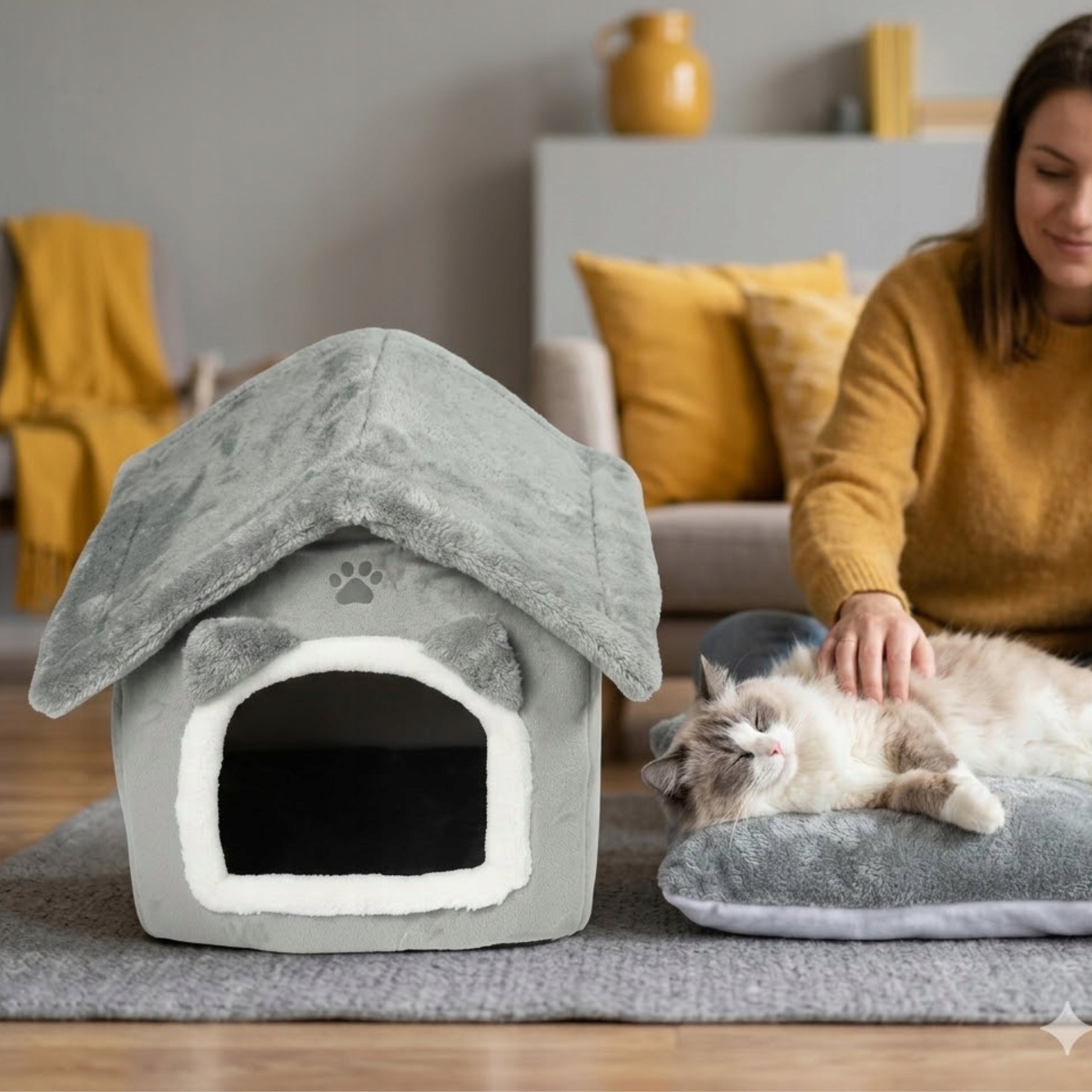 Cat Bed Cottage Booth Grey Closed Bedding Small Dog with Roof Kind outdoor cat house