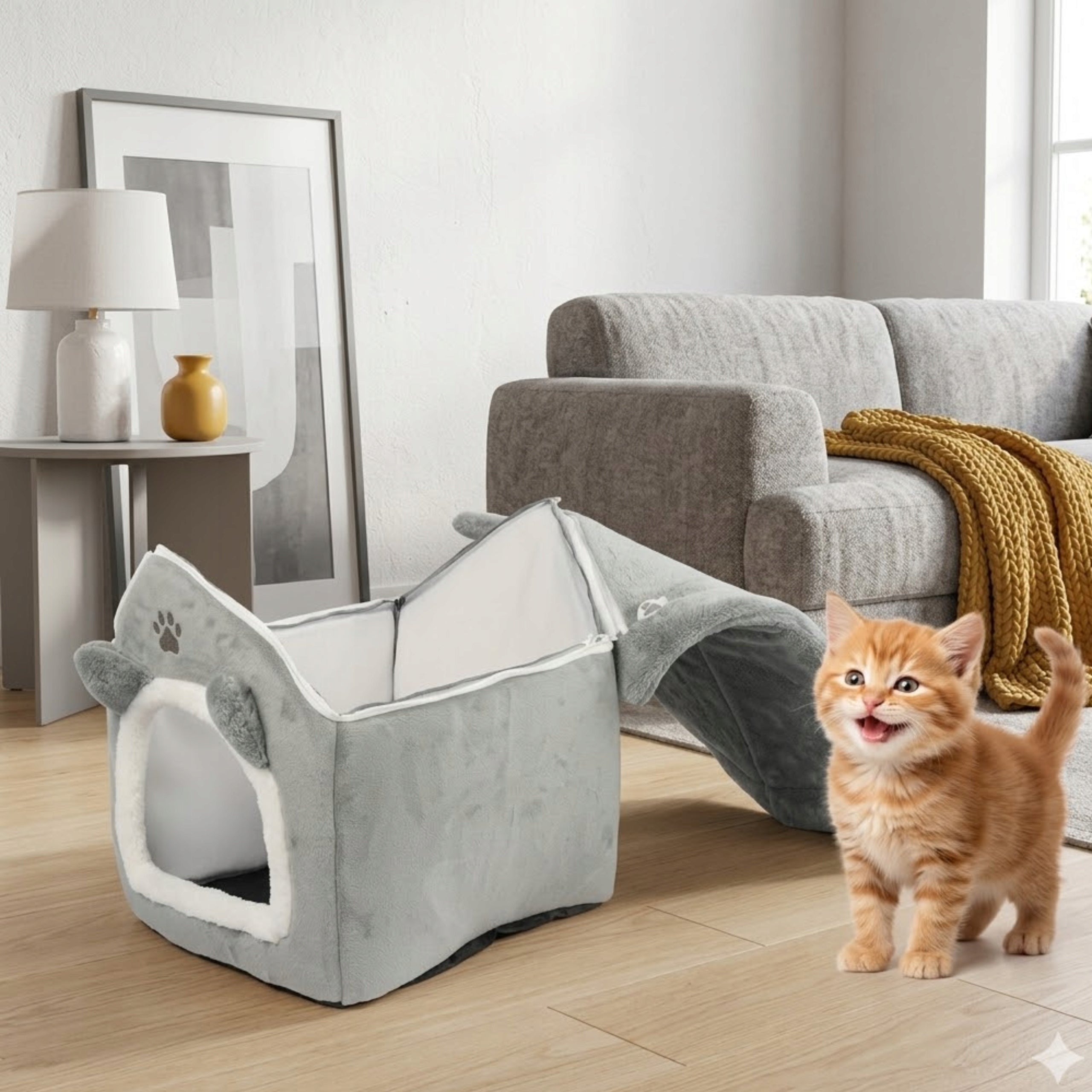Cat Bed Cottage Booth Grey Closed Bedding Small Dog with Roof Product width 35 cm