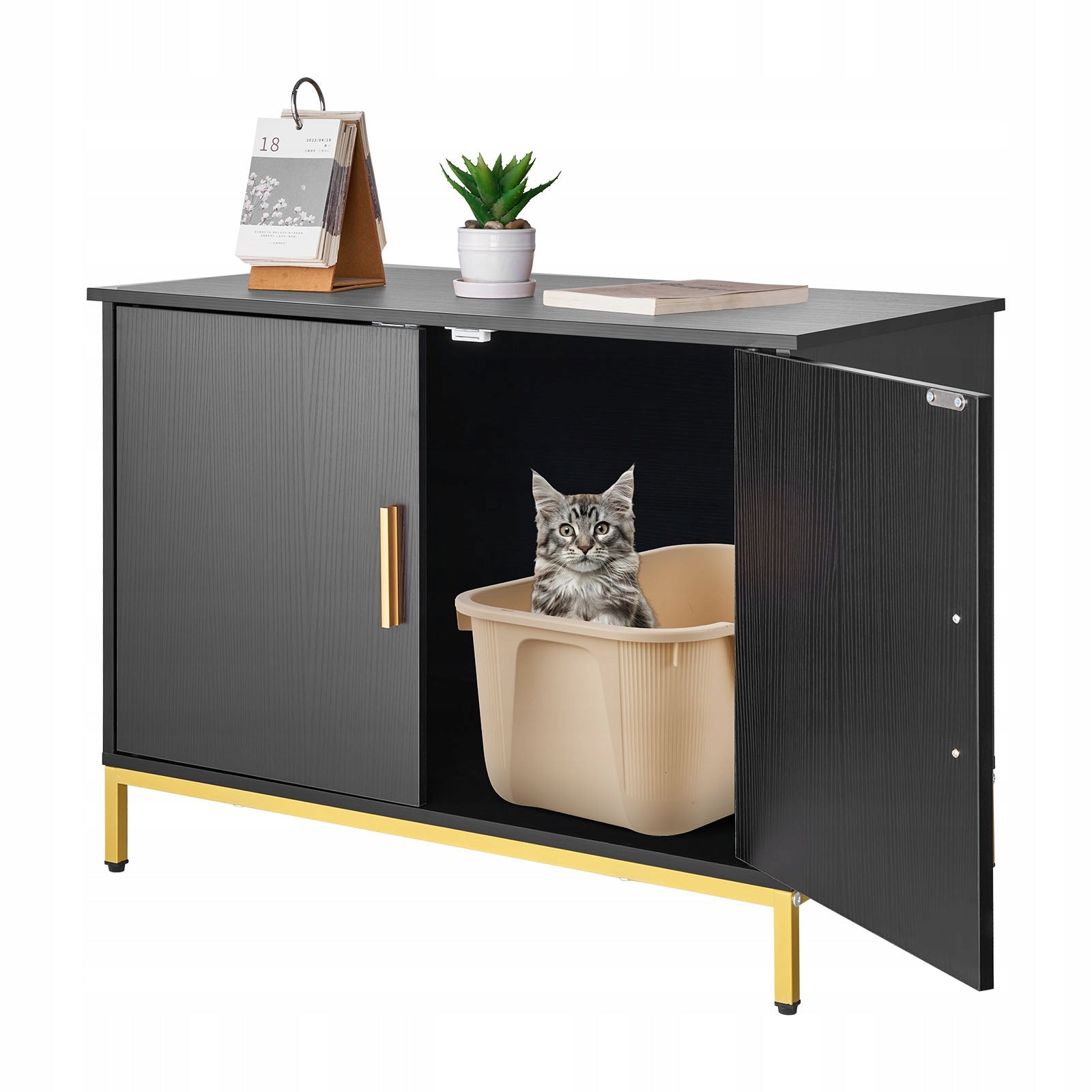 Cat Cabinet Black With Metal Legs And Handle 70CM For Bedroom