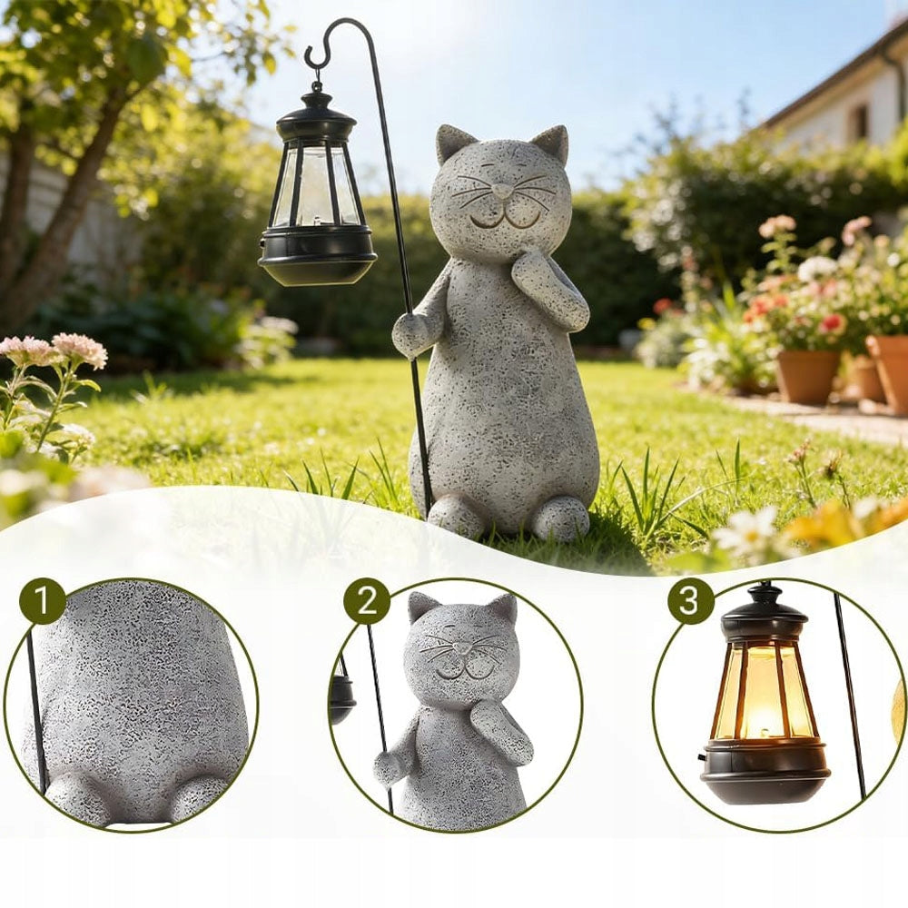 Cat Figurine Resin Garden Ornament Cat With Solar Lantern Waterproof Packaging status original