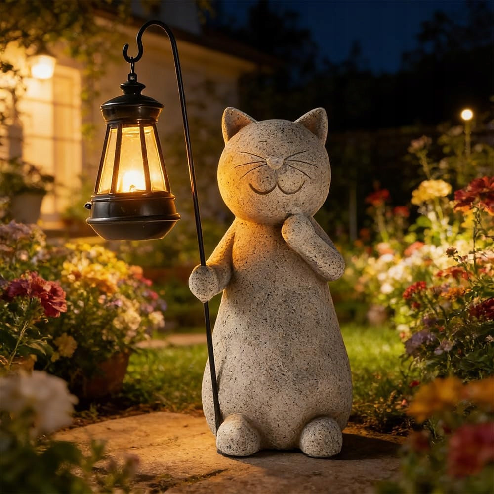 Cat Figurine with Solar Lantern Garden Ornament 20 cm Grey Gift BEDEE Packaging status original