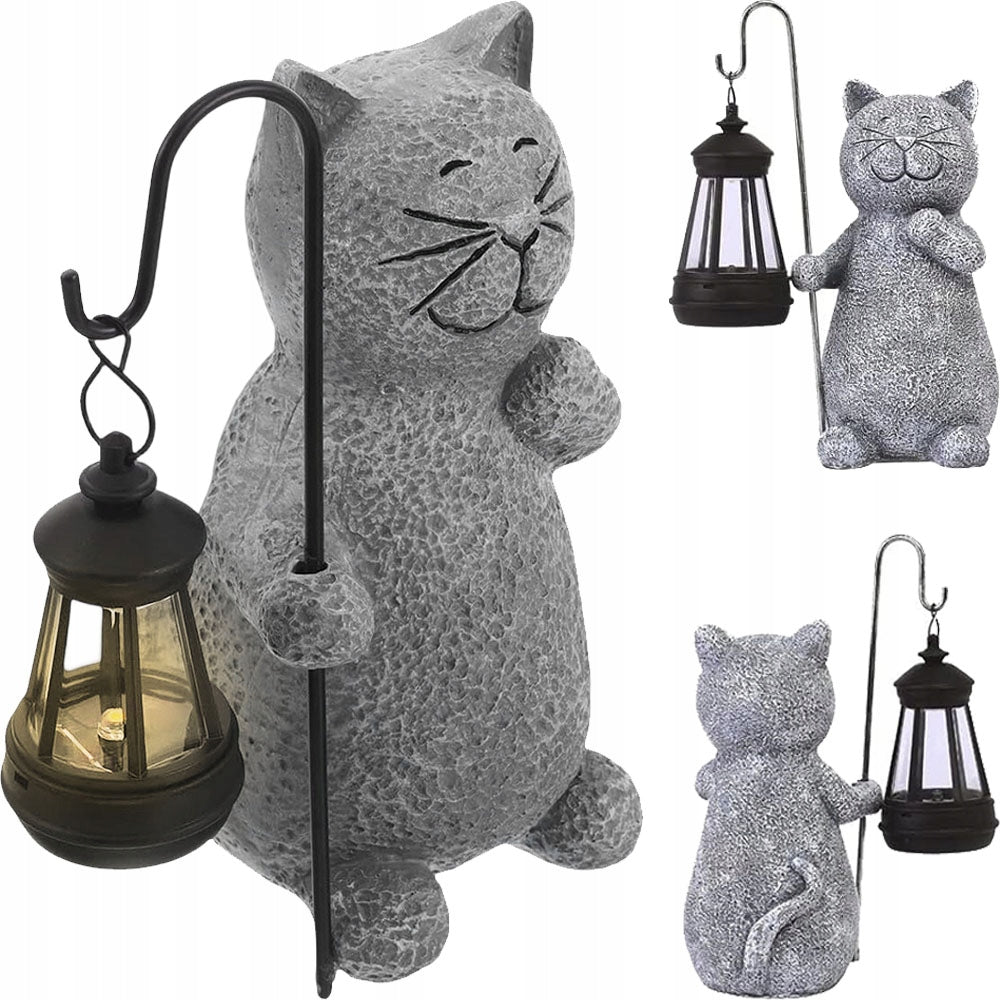 Cat Figurine with Solar Lantern Garden Ornament 20 cm Grey Gift BEDEE