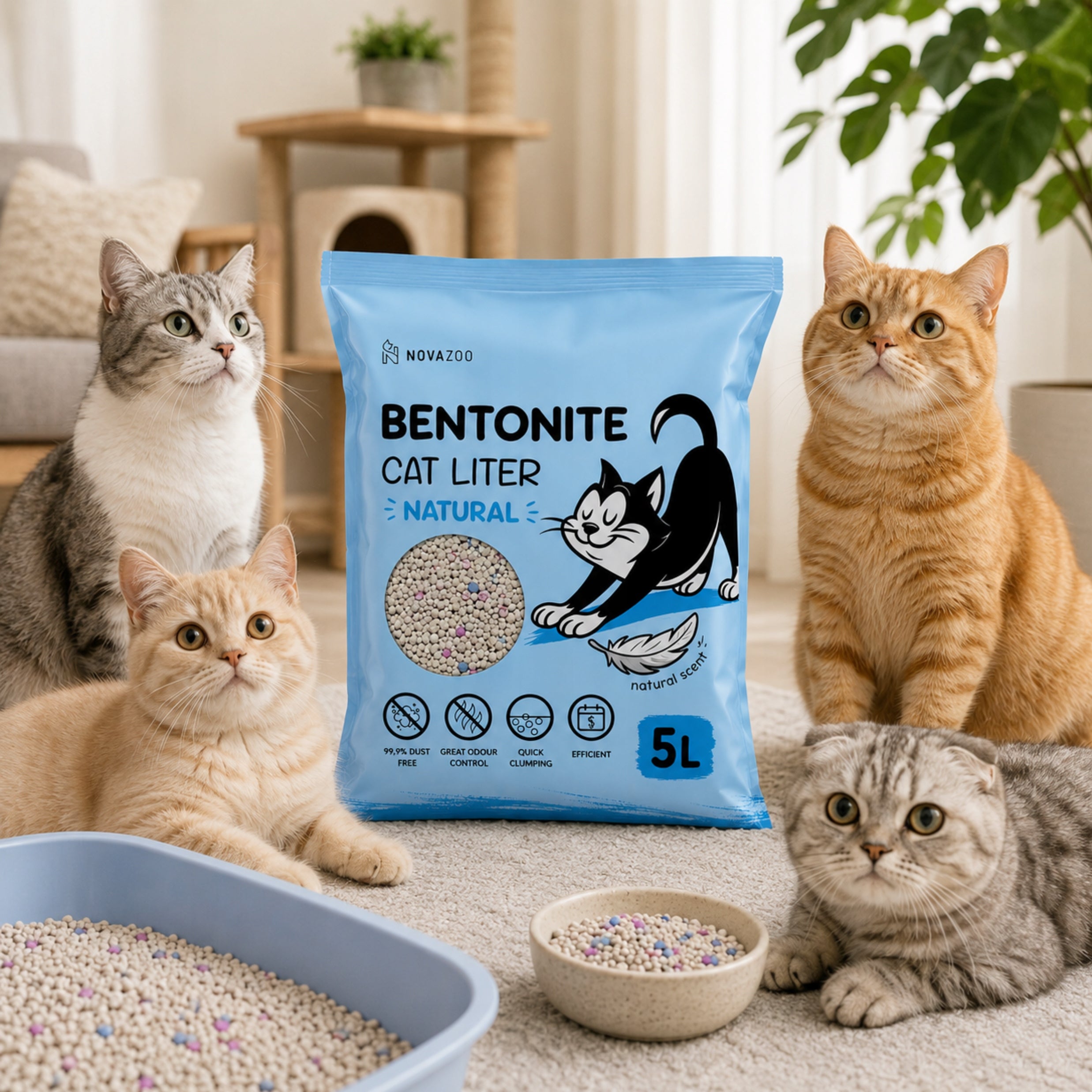 Cat Litter Bentonite 5 l Clumping Dust-Free Antibacterial Trade name NOVAZOO Żwirek 5L niepylący szybko zbrylający ultrachłonny naturalny