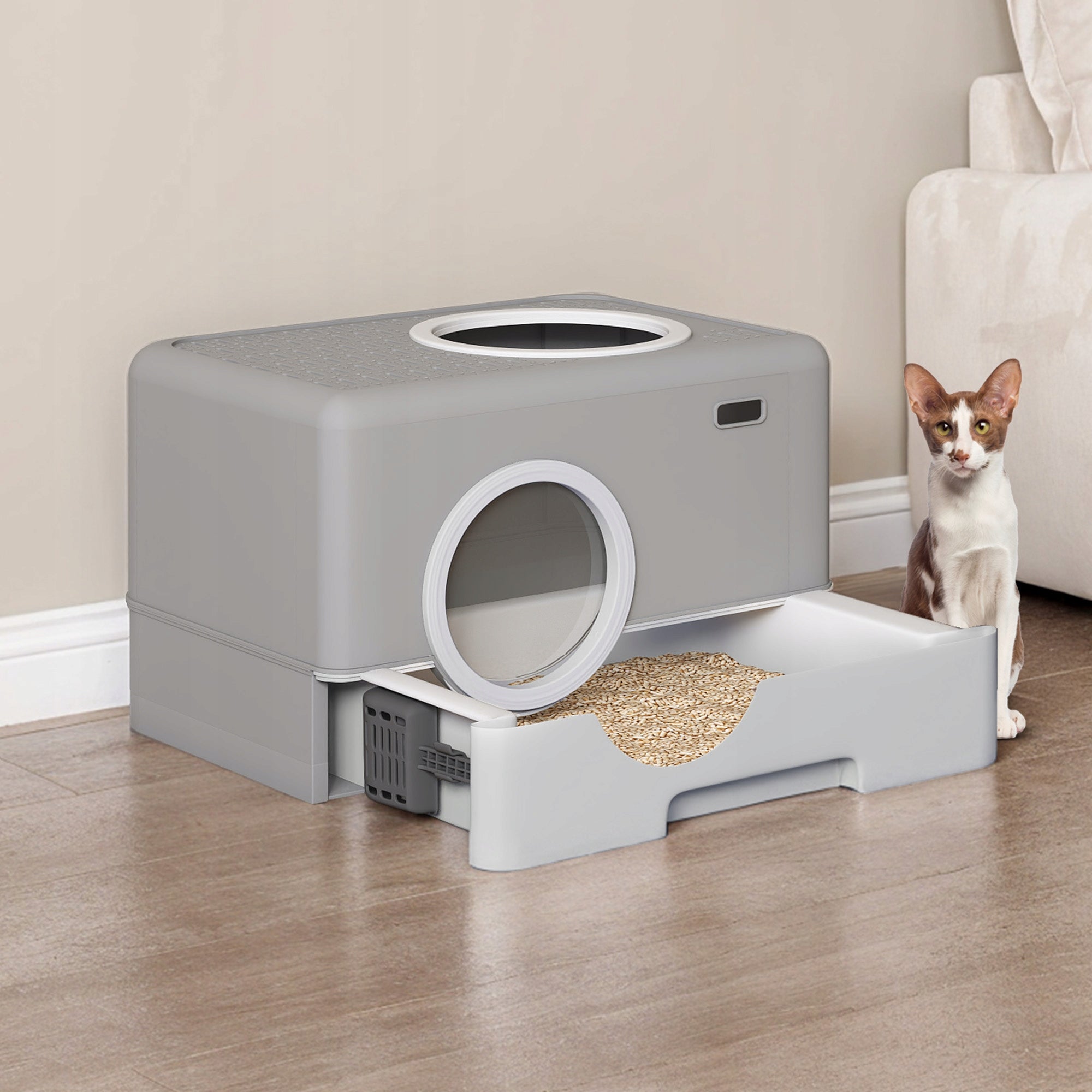 Cat Litter Box,Odorless Anti-Splashing,Drawer Desi ,Front Entry Top Exit Color gray
