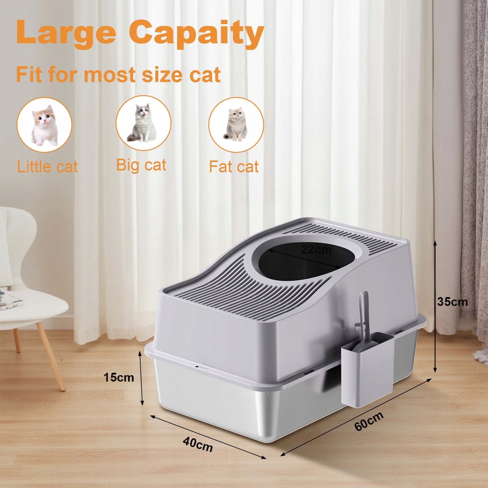 Cat Litter Box, Stainless Steel Enclosed Cat Toilet, Gray,15cmH, 60x40x35cm Kind closed litter box