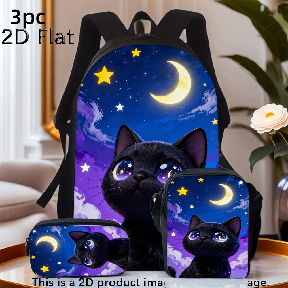 Cat Night Sky Pattern 3-Piece Backpack Set with Crescent Moon and Star Design