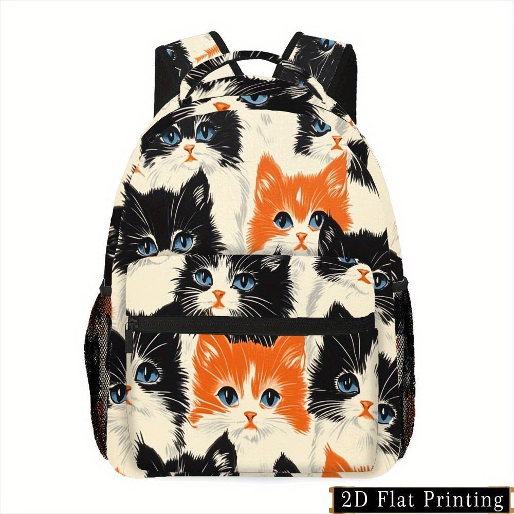 Cat Print Backpack - Black, White, Orange | Foldable Design, Adjustable Straps