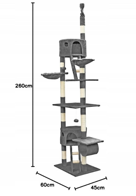 Cat Scratcher 260 cm Grey – Tower with Hammocks and Cottages, Ceiling Brand Pet HOBBY