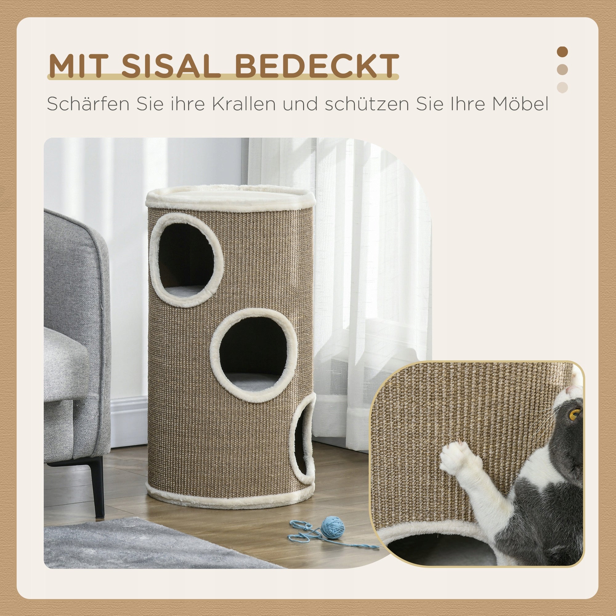 Cat Scratcher 80cm Post Tuba Tower Bed 3 Hideouts Caves Beige Color brown