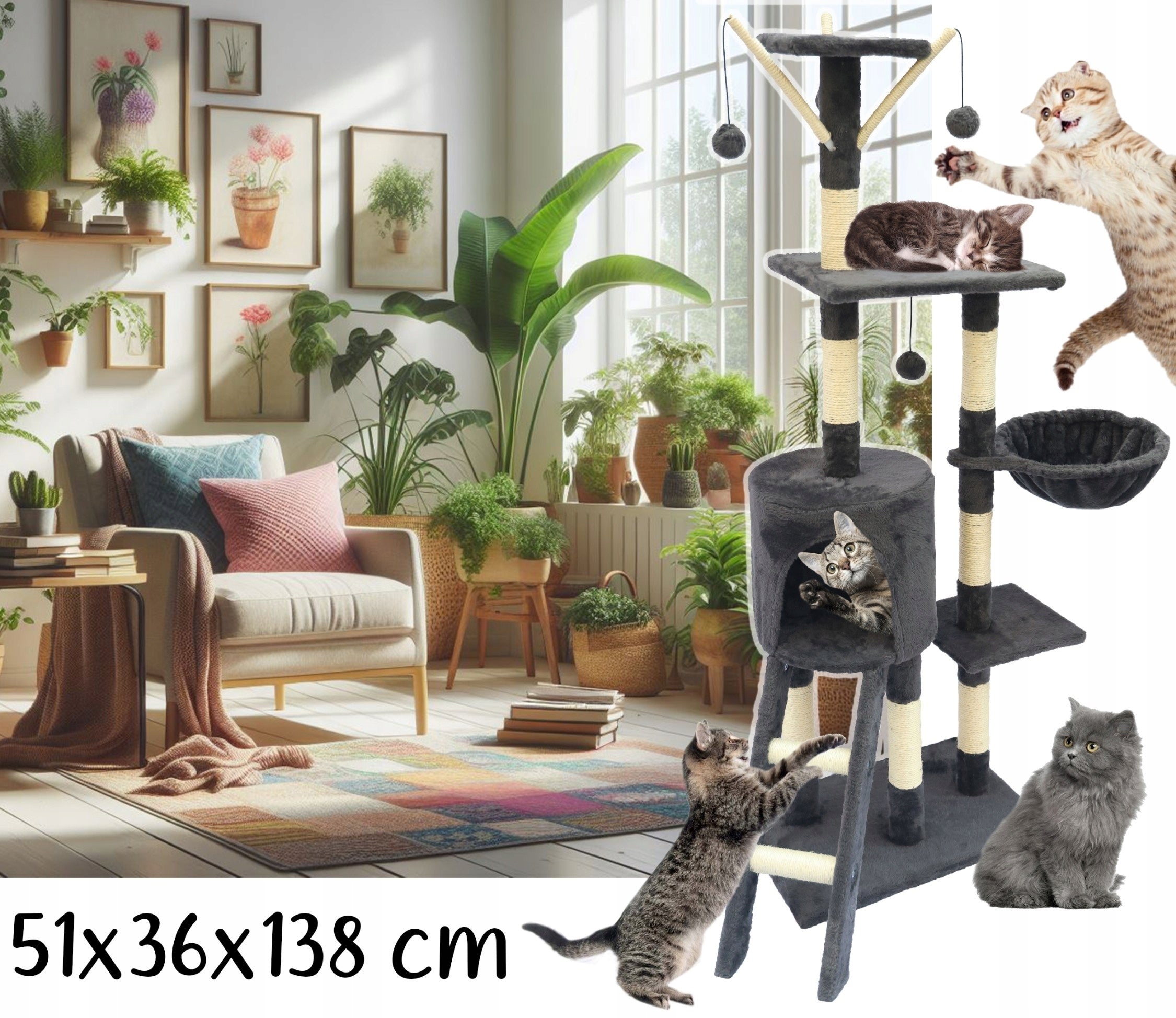 Cat Scratcher Tower Bed Cottage Booth 6 Pos. Toy Drawstring Ladder Packaging status original