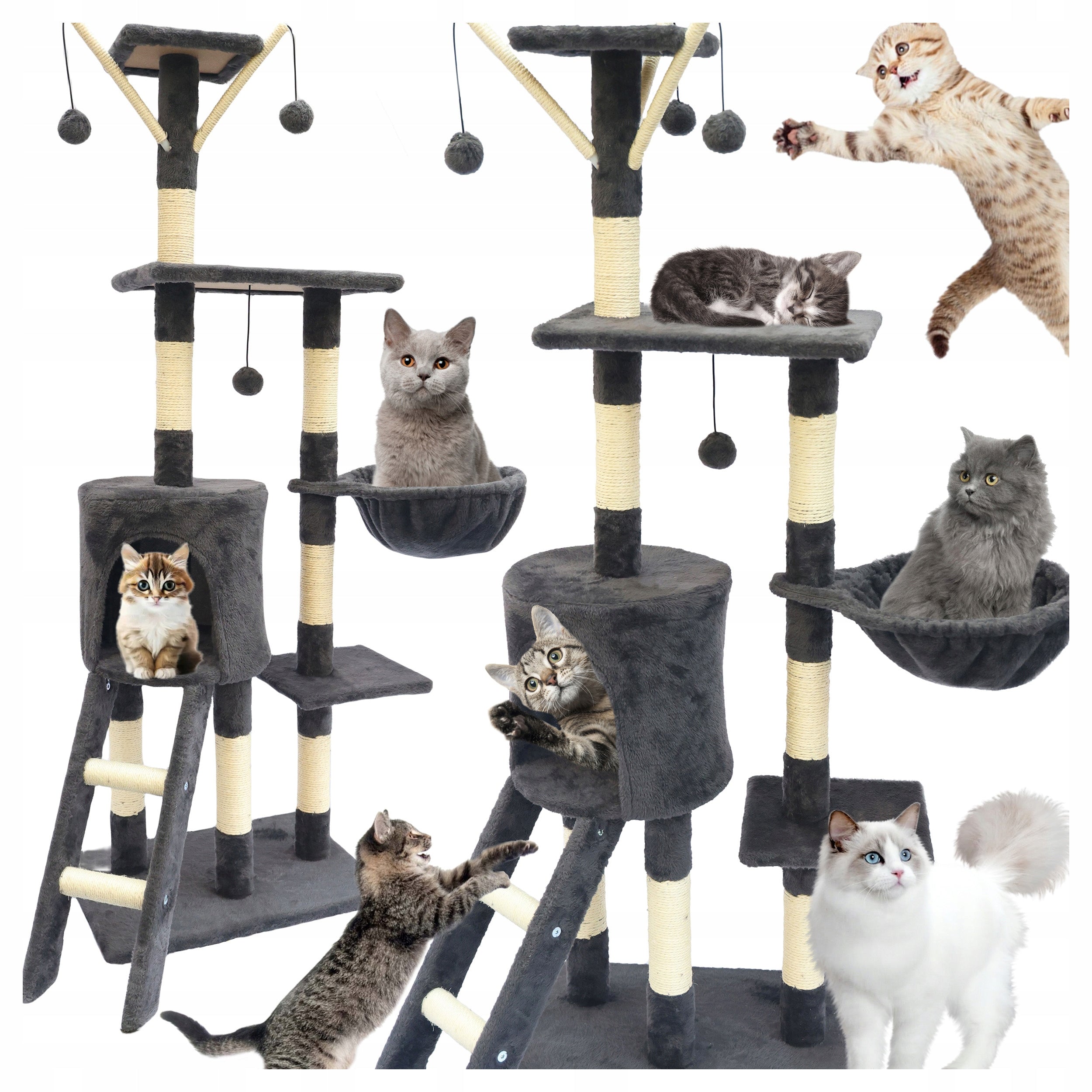 Cat Scratcher Tower Bed Cottage Booth 6 Pos. Toy Drawstring Ladder