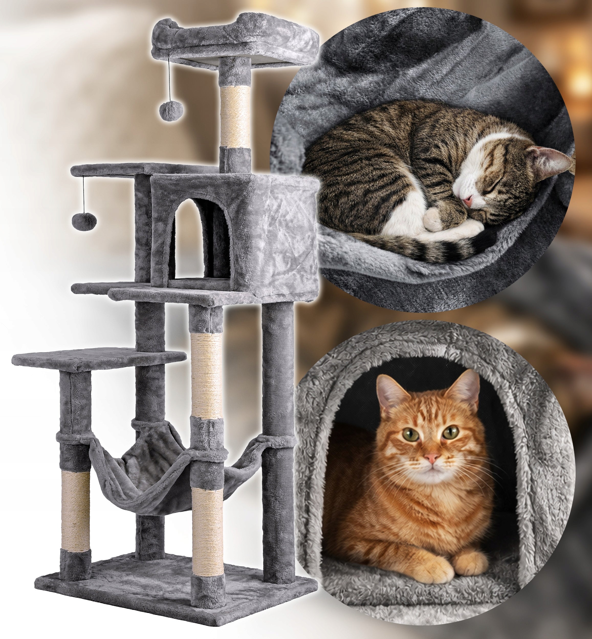 Cat Scratcher Tower Bed House Booth 7 Pos. Toy Drawstring Hammock Brand Gotel