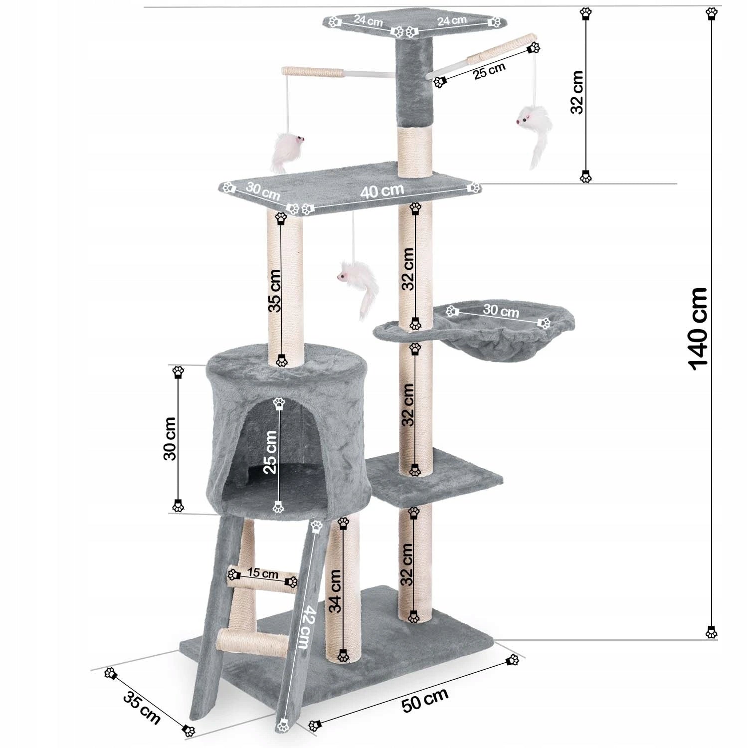 Cat Scratcher with Hammock, Booth and Toys – Multi-Level Playground