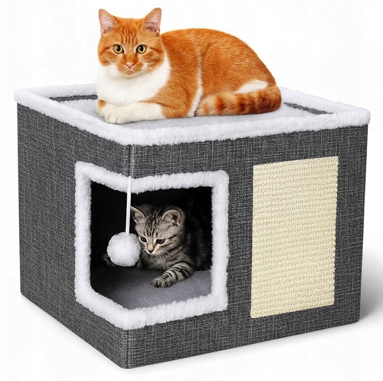 Cat bed 2in1 house scratching post with mat and toy 42x42x35cm (I700)