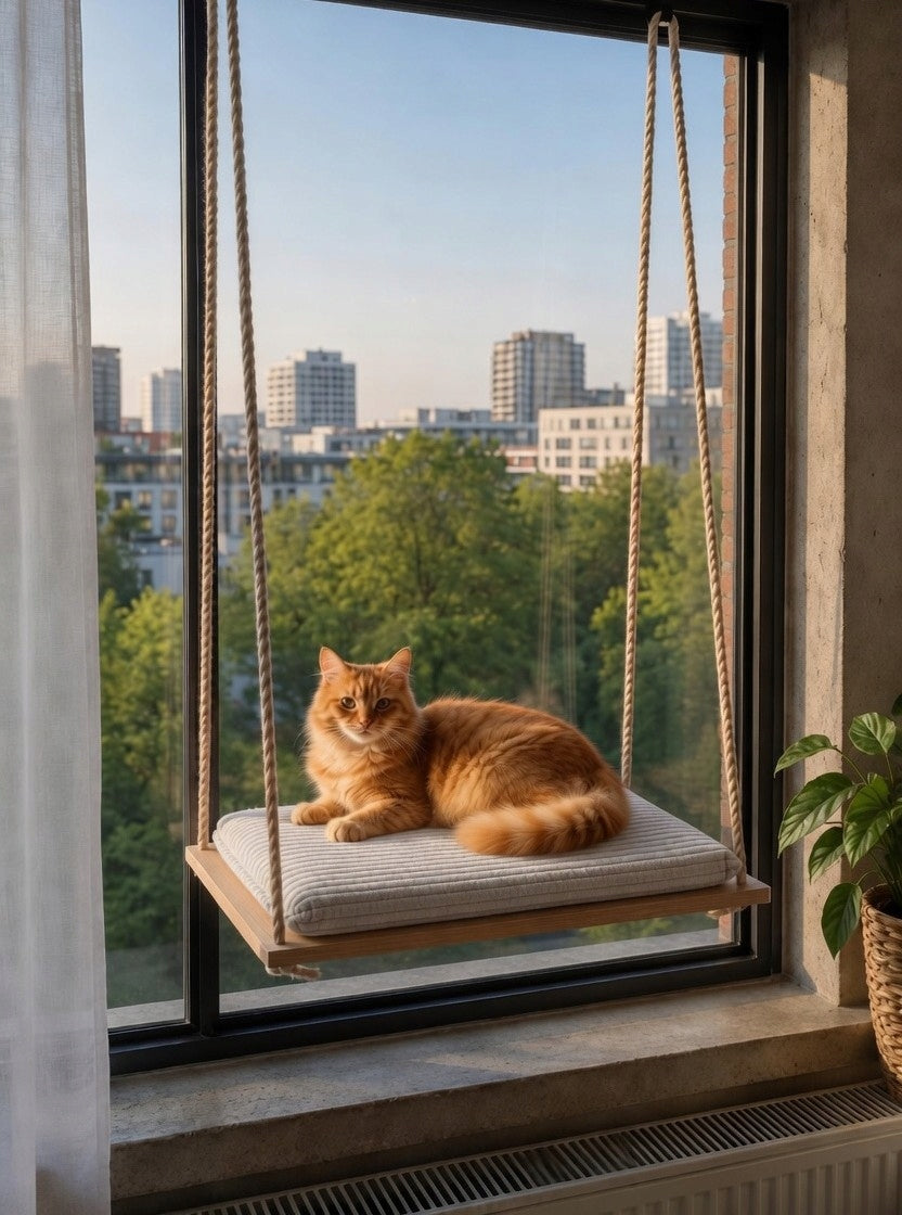 Cat hammock for window. PREMIUM. Mattress Corduroy Fastening. SET. 50cm Manufacturer code HAM-SZT-BEŻ-50X30-PREMIUM