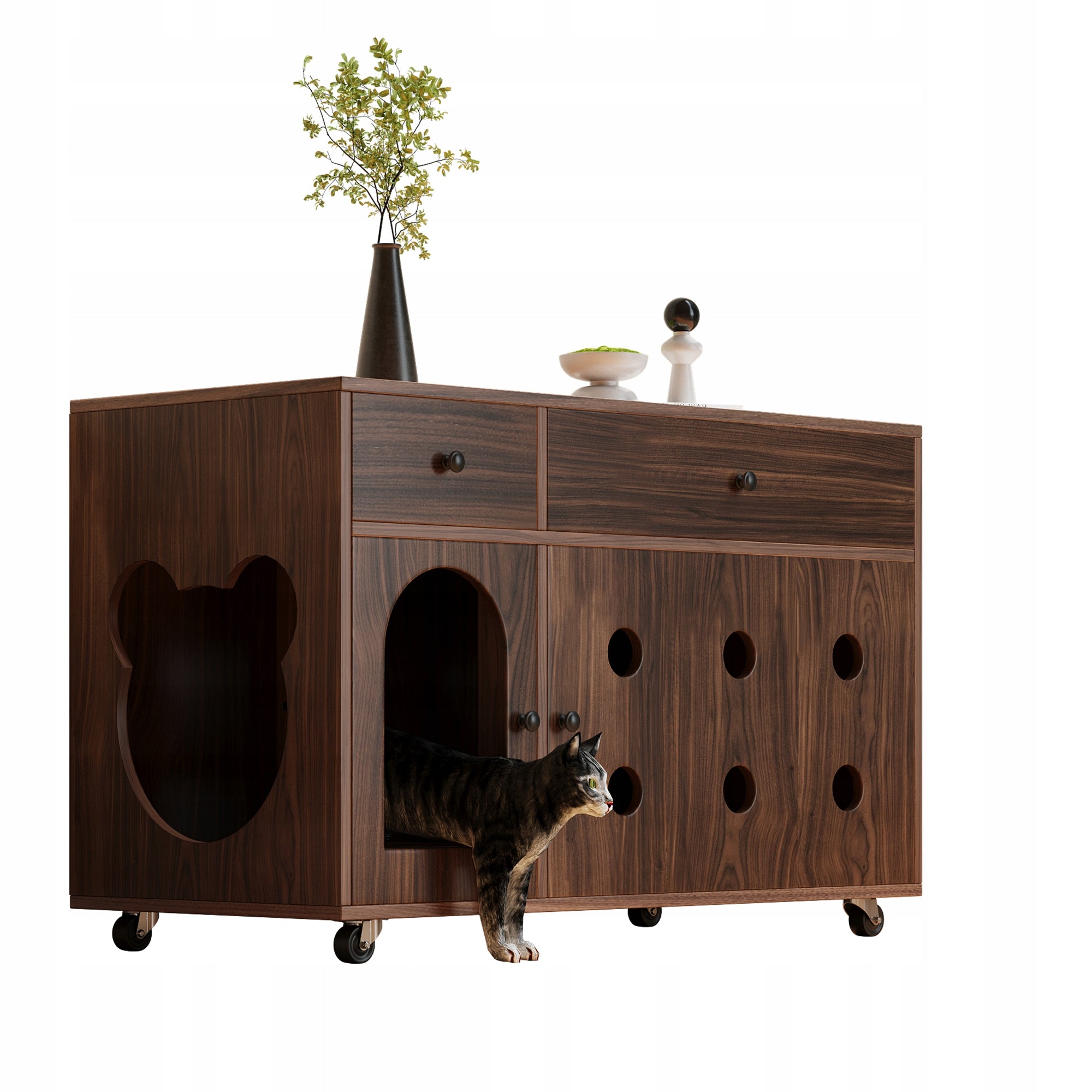 Cat house with litter box cabinet walnut