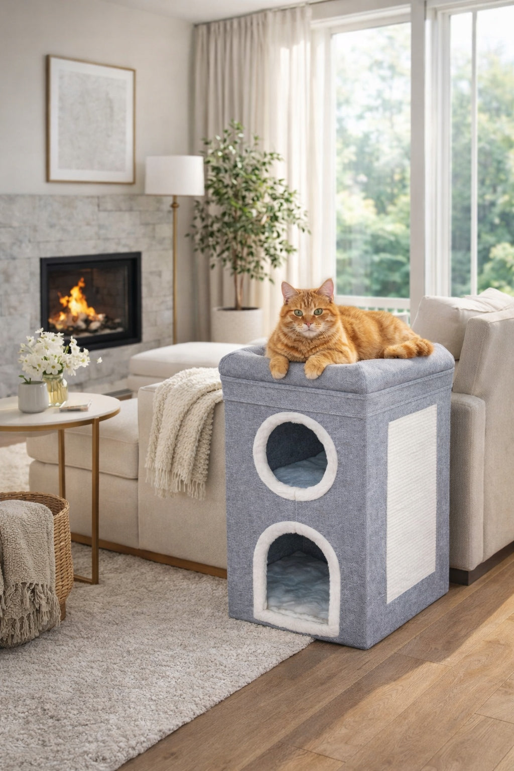 Cat house with scratching post and bed grey tower booth 3 levels 64 cm Product width 38 cm