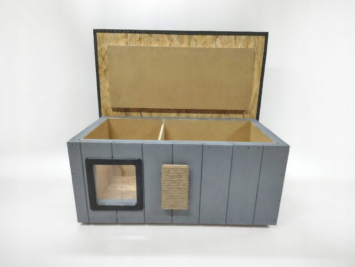 Cat kennel insulated with vestibule solid whole | scratcher + door| Kind cat house