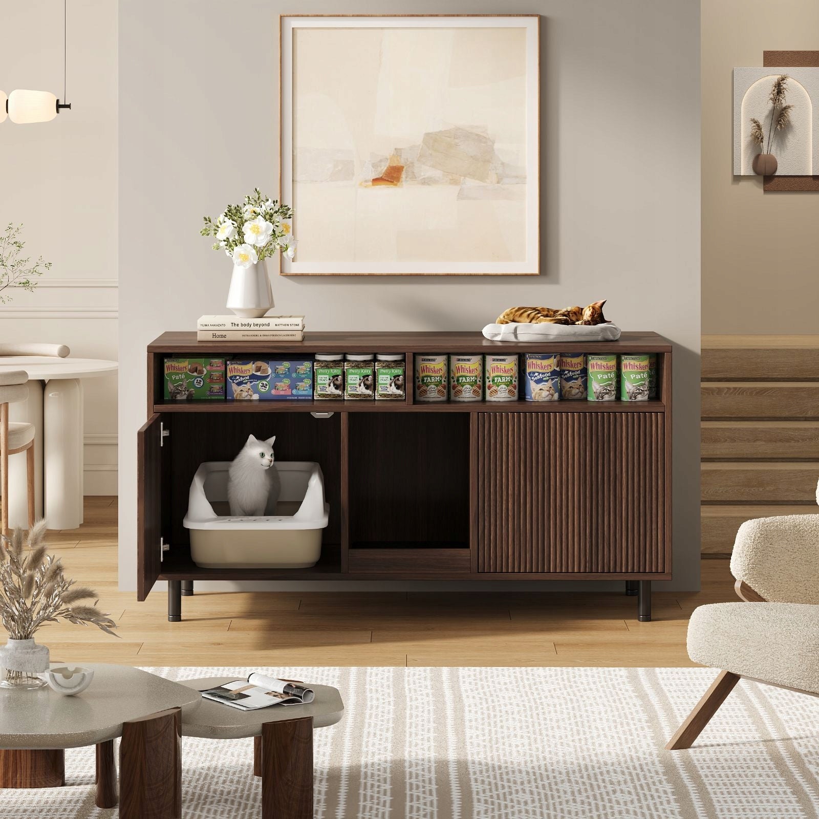 Cat litter box cabinet, 120x50x66cm, walnut color Length 120 cm