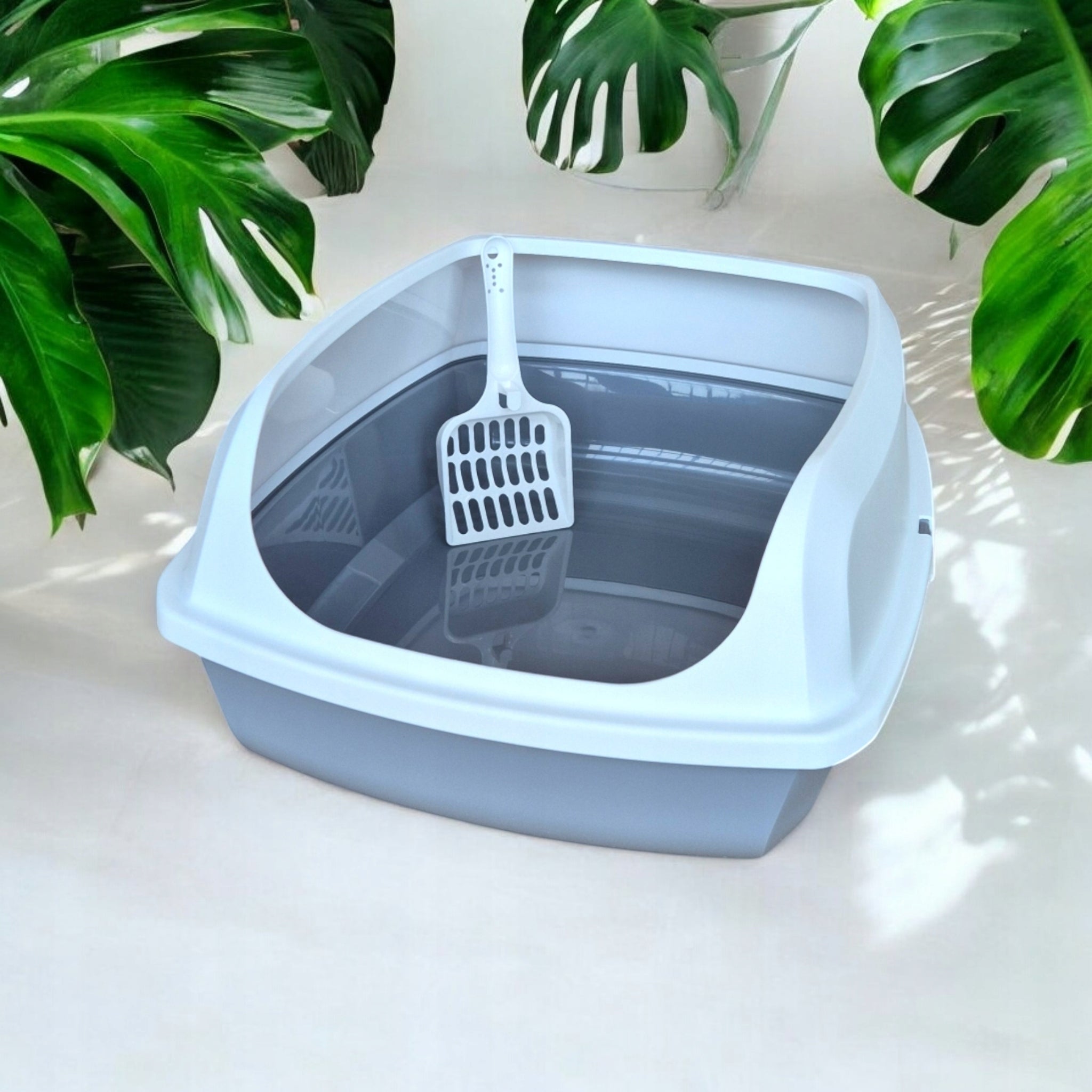 Cat litter box with high frame - grey + spatula FREEBIE - LEO Trade name kuweta dla kota