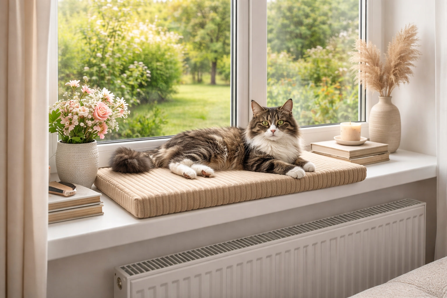 Cat pillow for window sill 60x20 cm thickness 4 cm beige soft and cozy