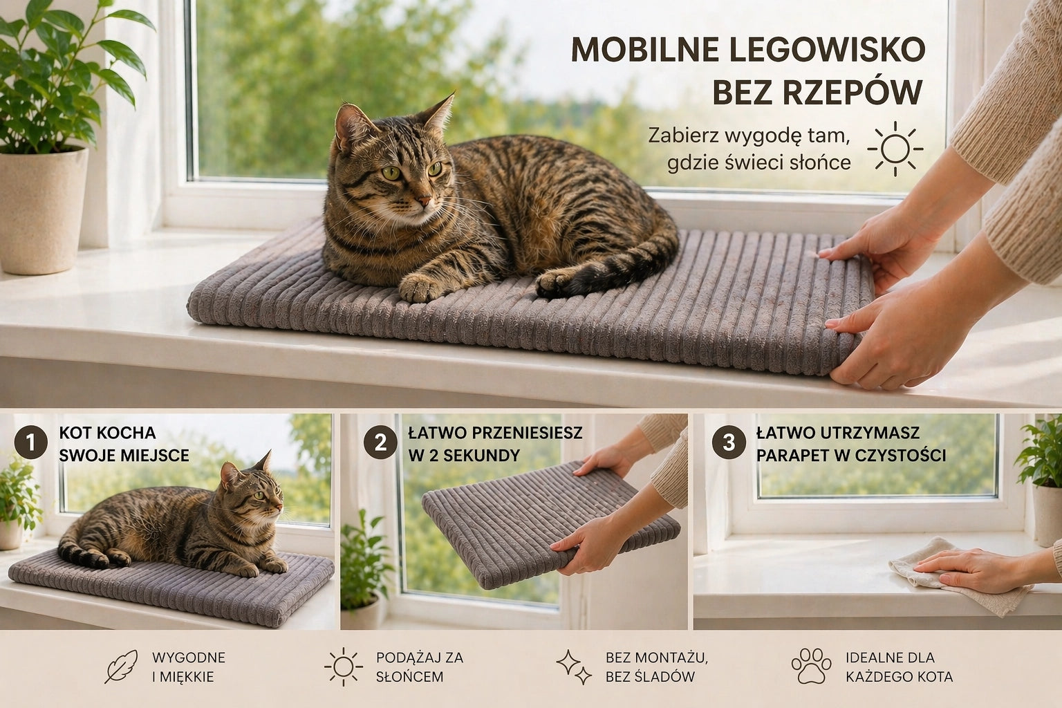 Cat window sill bed 60x20 cm thickness 4 cm grey non-slip Length 60 cm