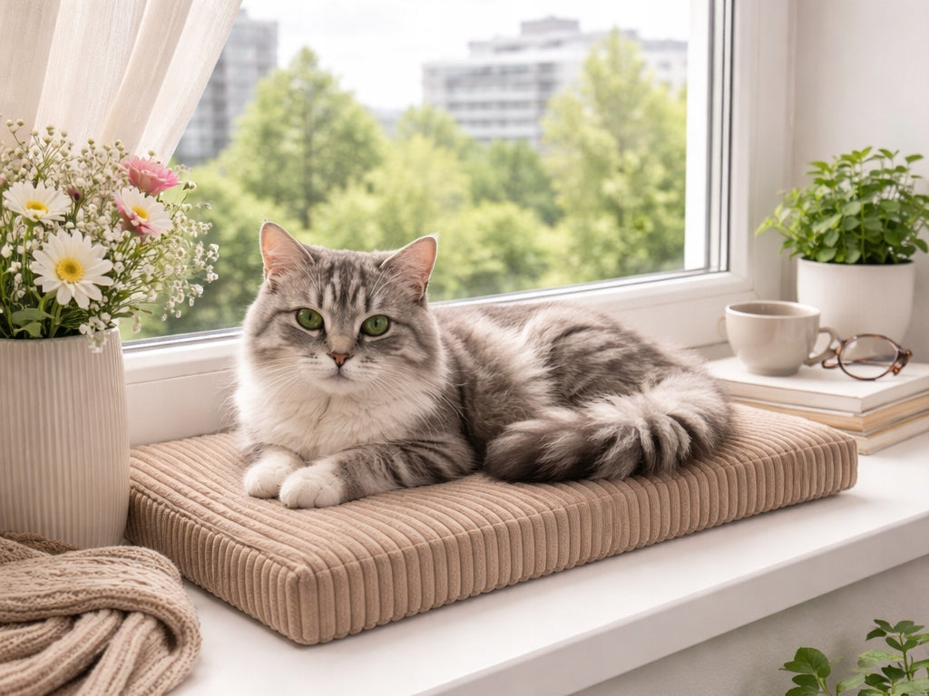 Cat window sill pillow 60x20 cm thick 4 cm pink cozy and warm