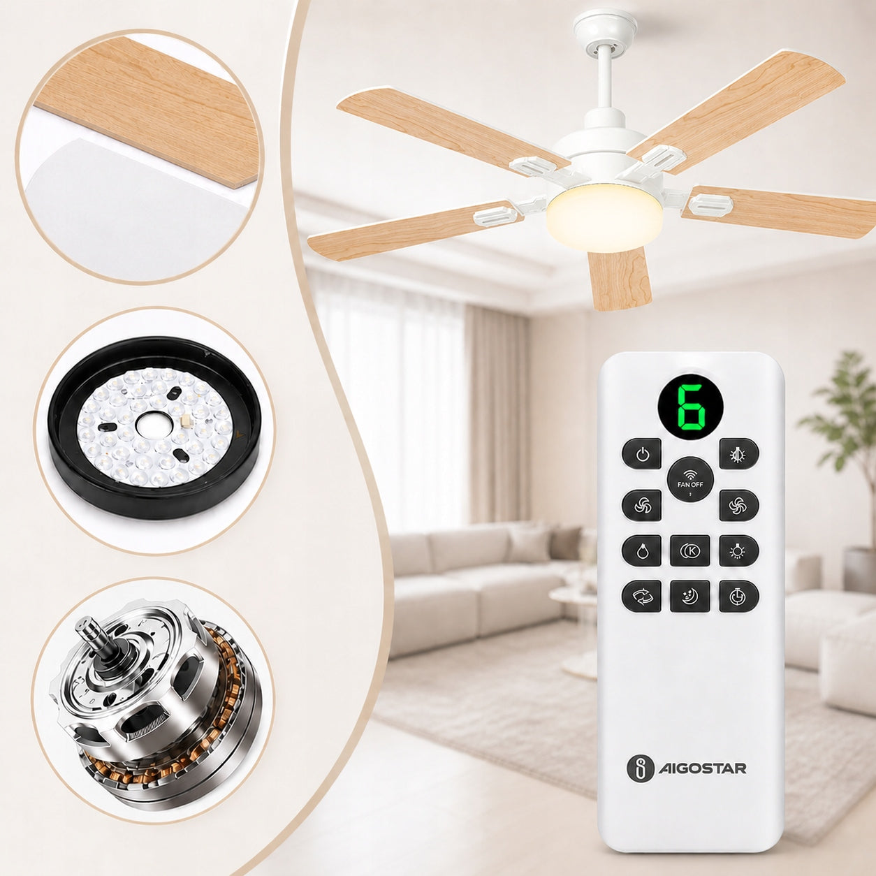 Ceiling Fan With Lamp 132cm DC Quiet LED Remote Control 6 Gears Wood Effect Dominant color beige/brown
