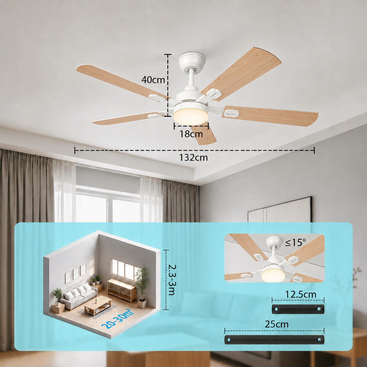 Ceiling Fan With Lamp 132cm DC Quiet LED Remote Control 6 Gears Wood Effect Fan type ceiling