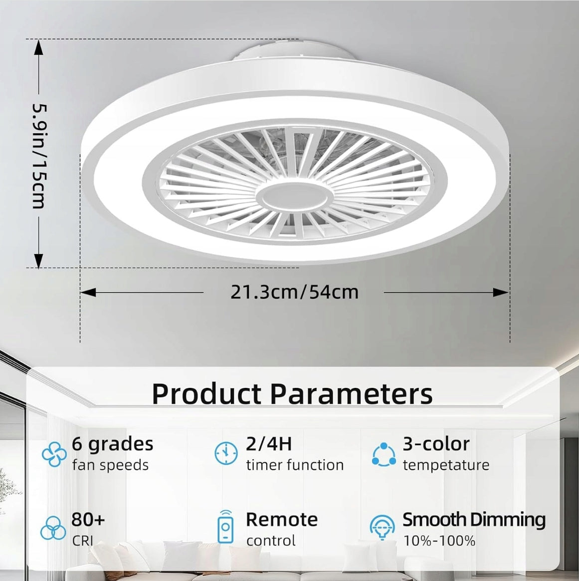 Ceiling Fan with LED Lamp Remote Control Silent Timer White TTC 45W 6500K 54 cm Packaging status original