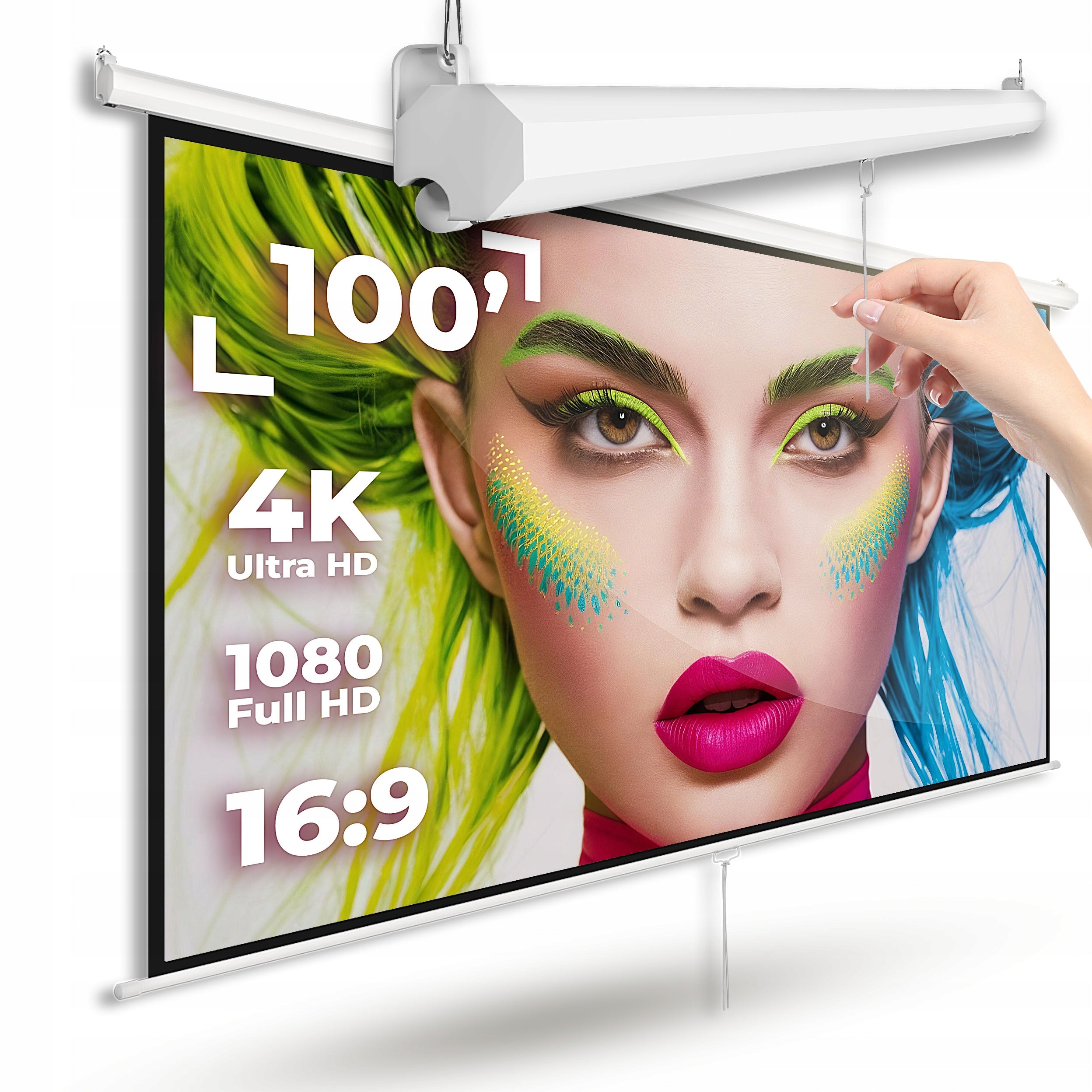 Ceiling Projection Screen 100 Inch 16:9 Retractable FULL HD 4K+Position Lock