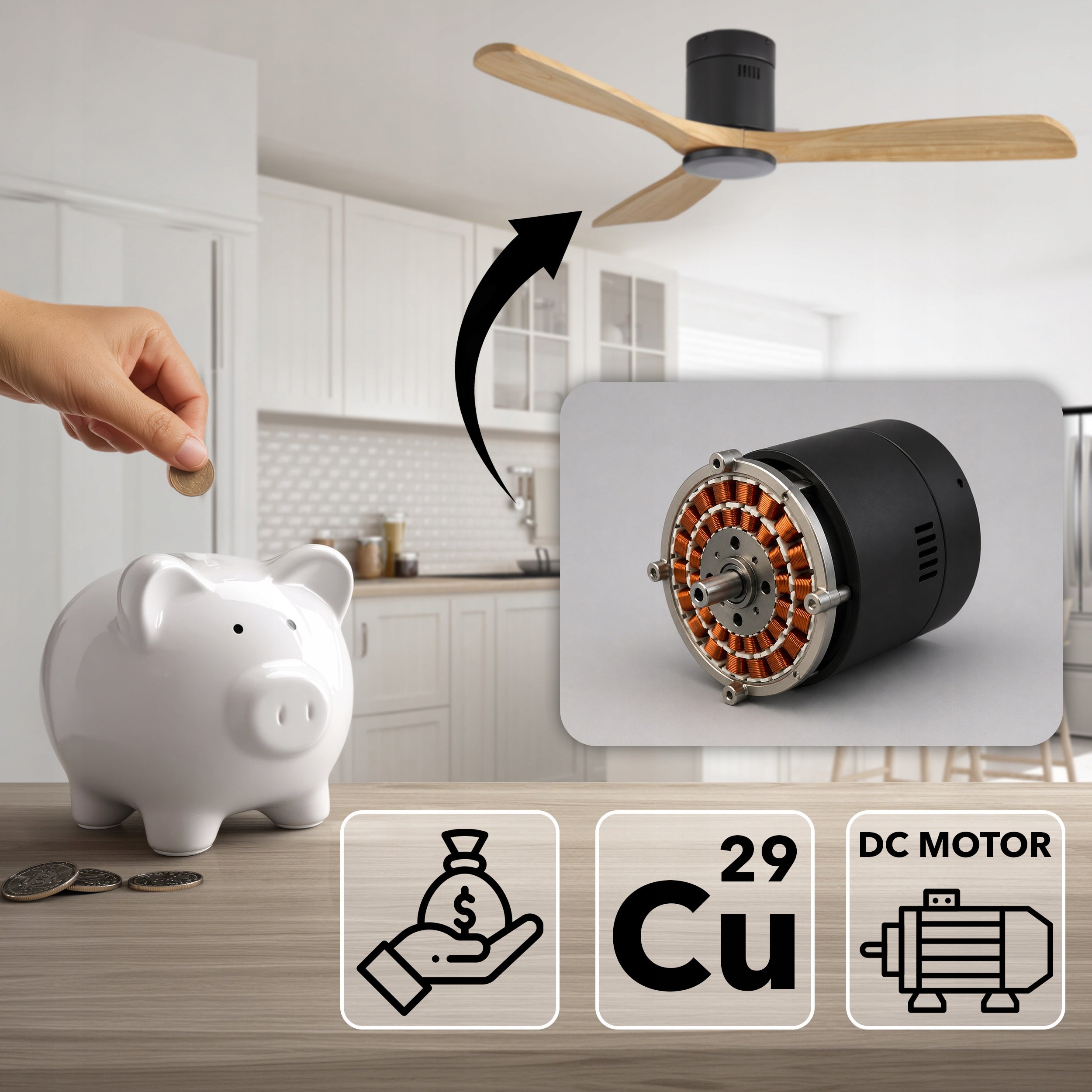 Ceiling fan EBERG DRIX 133cm WOODEN blades quiet fan + remote control Dominant color beige/brown