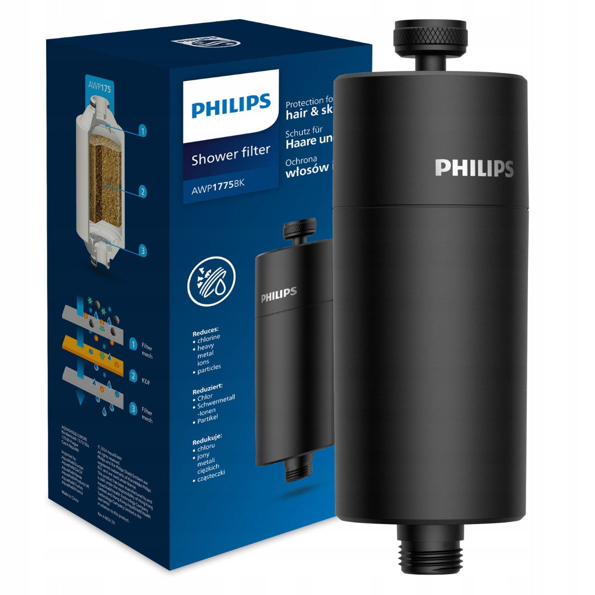 Černý sprchový filtr Philips AWP1775BK odstraňuje chlór a změkčuje vodu