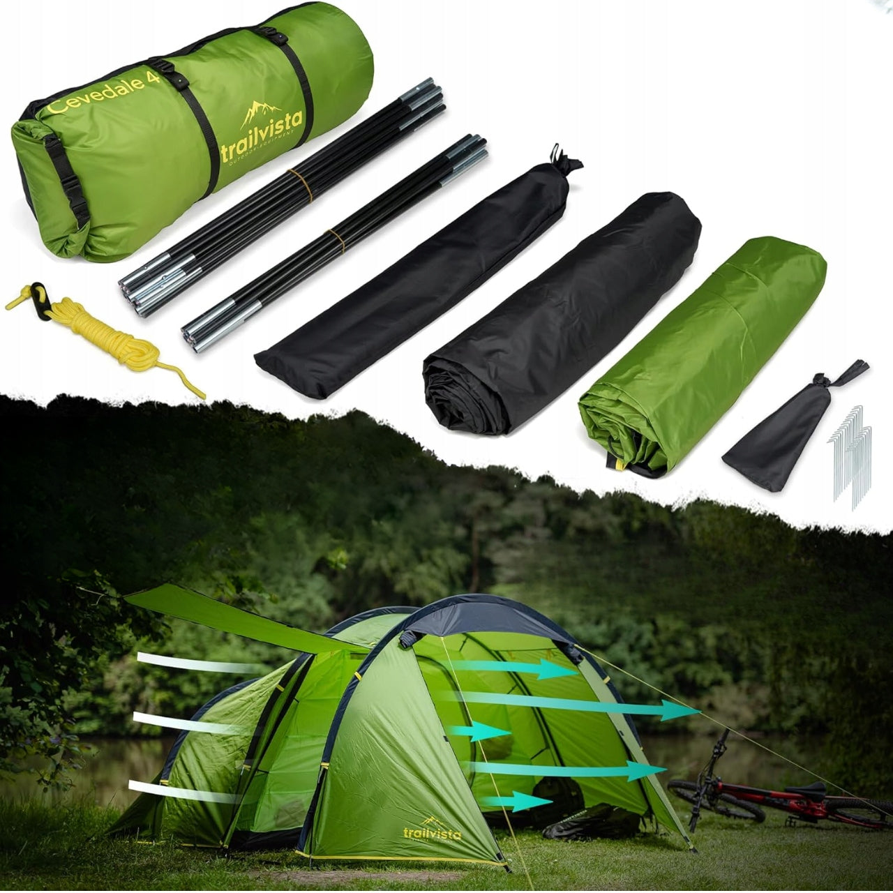 Cevedale 4-Person Hiking Camping Tent with Vestibule Green Waterproofness 5000 mm